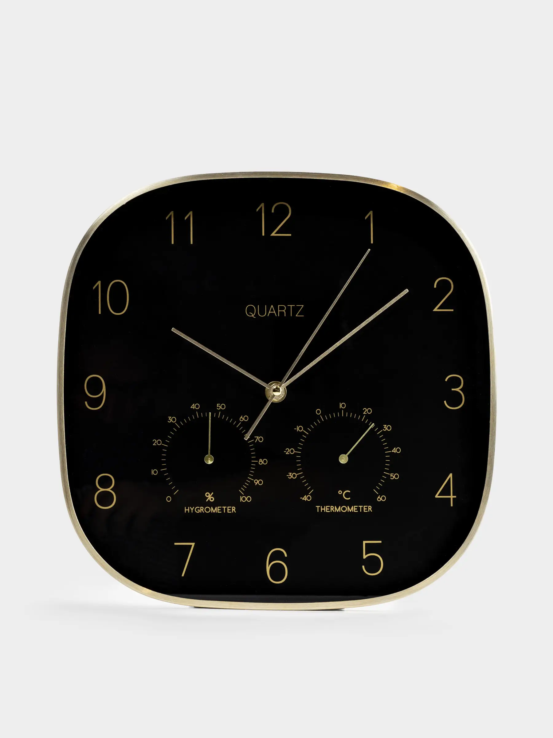 Wall clock, 30 cm, with thermometer and hygrometer, metal / glass, black, Dial, image-0