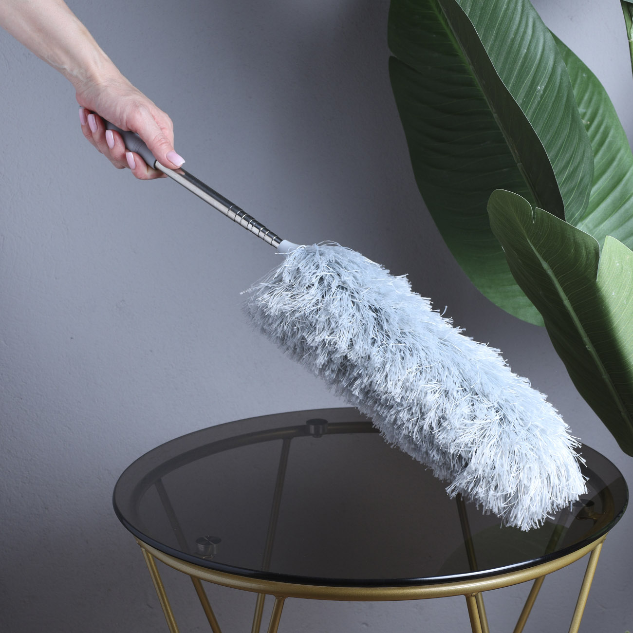 Dust brush, 60/125 cm, telescopic, microfiber/steel, Clear