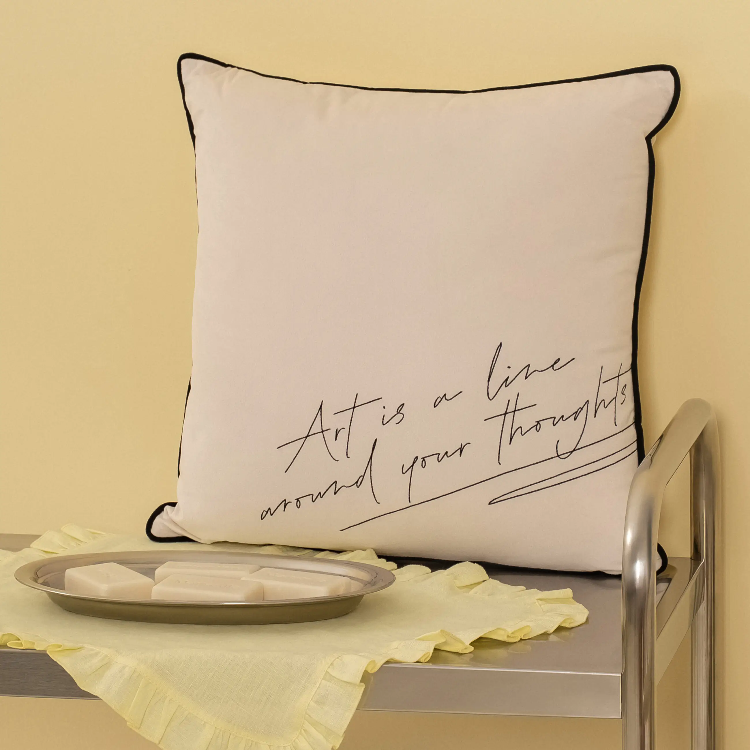 Decorative pillow, 45x45 cm, velvet, milky, Art is a line around your thoughts, Scroll