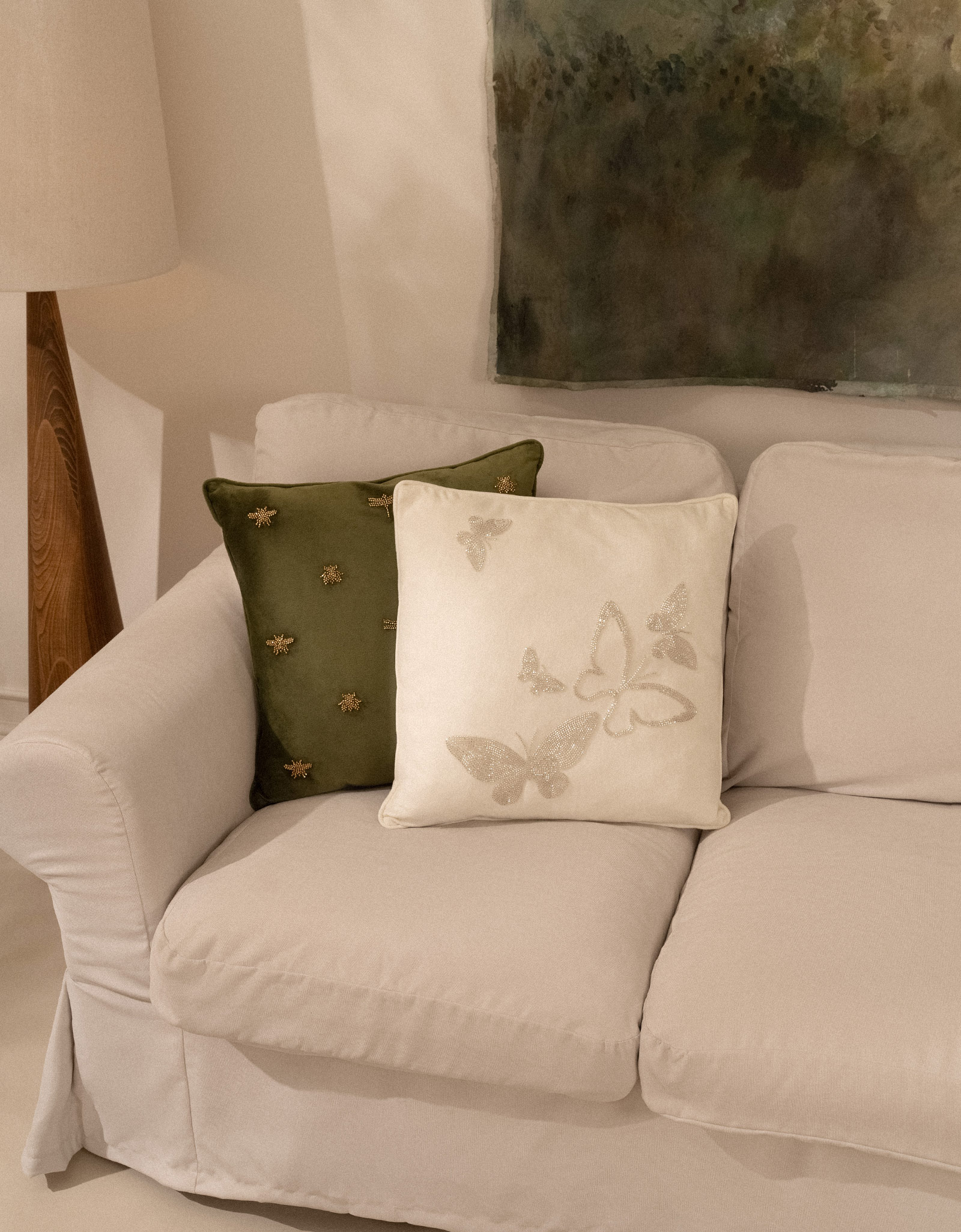 Decorative pillow, 45x45 cm, corduroy / beads, milky, Butterflies, Bugs, image-2