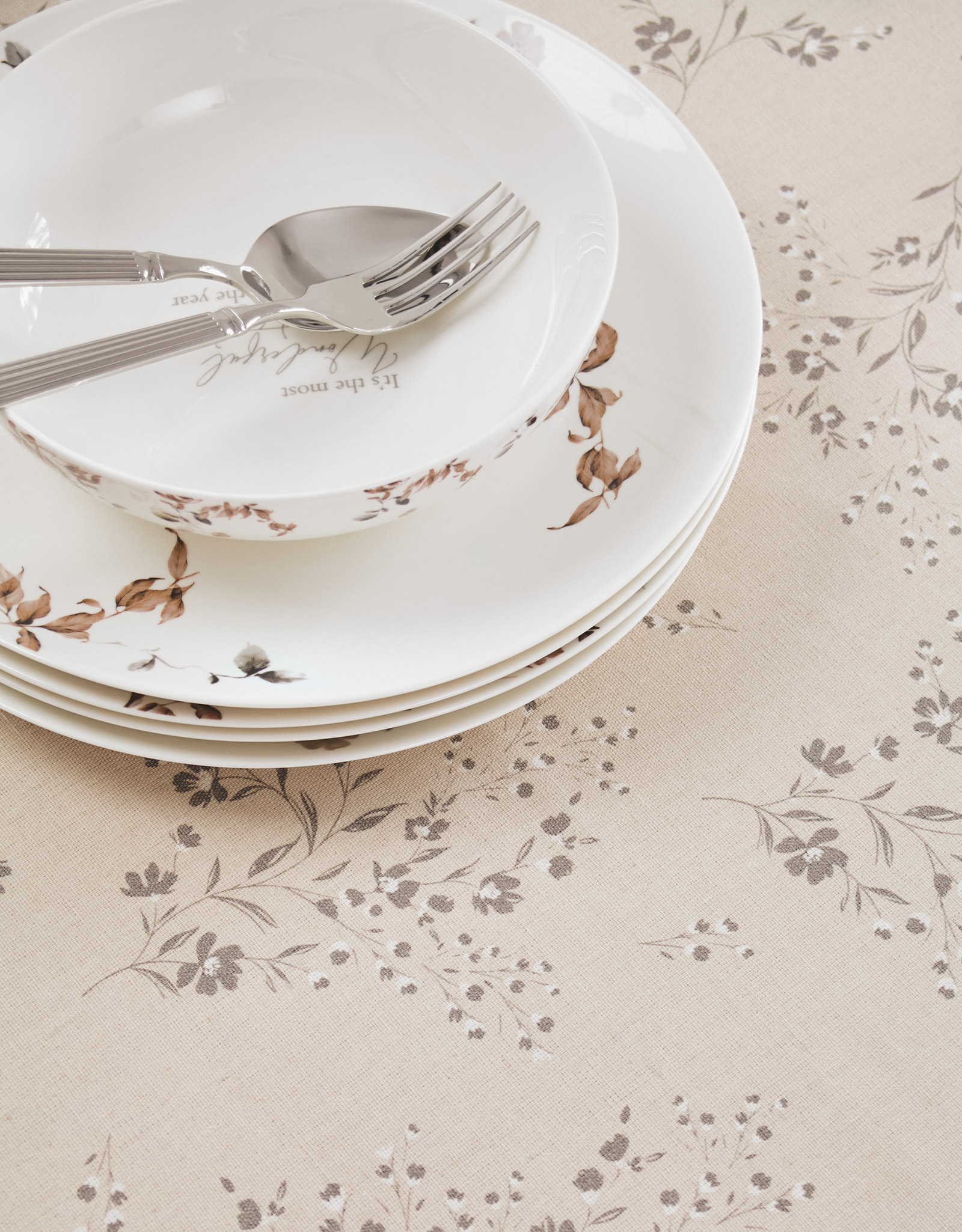 Tablecloth, 170x250 cm, PU coated, polyester / viscose / linen, beige, Branches with flowers, Branches, image-4