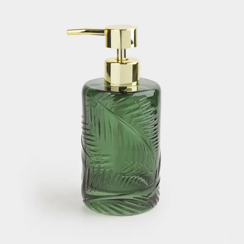 Liquid soap dispenser, 350 ml, glass, Green, Tropical leaves, Tropical leaves ,image-0