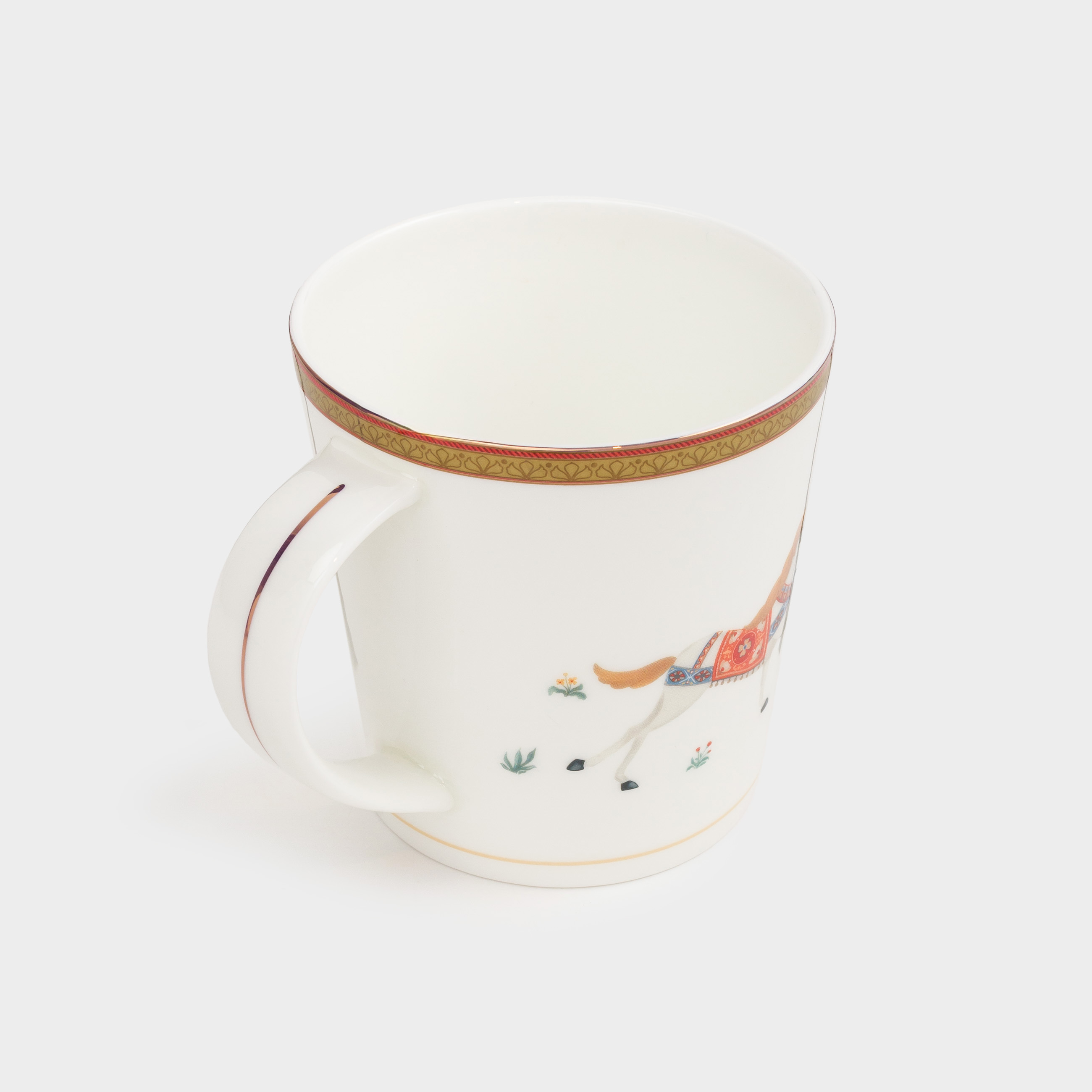 Mug, 450 ml, porcelain F, white, with golden edging, Horses in sled, Blue wind, image-1