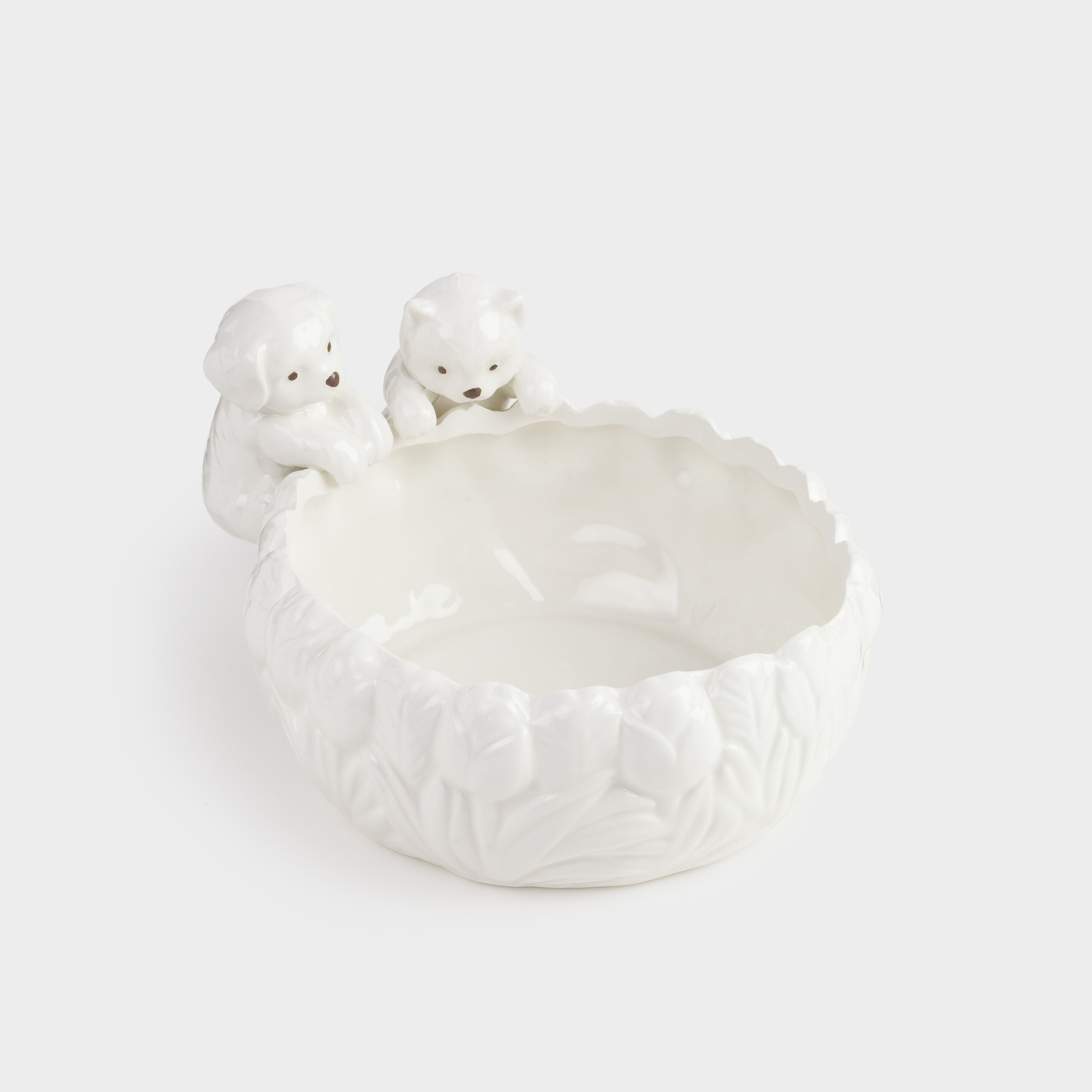 Candy bowl, 16x7 cm, ceramic, milky, Cat and dog with tulips, Tulip, image-1
