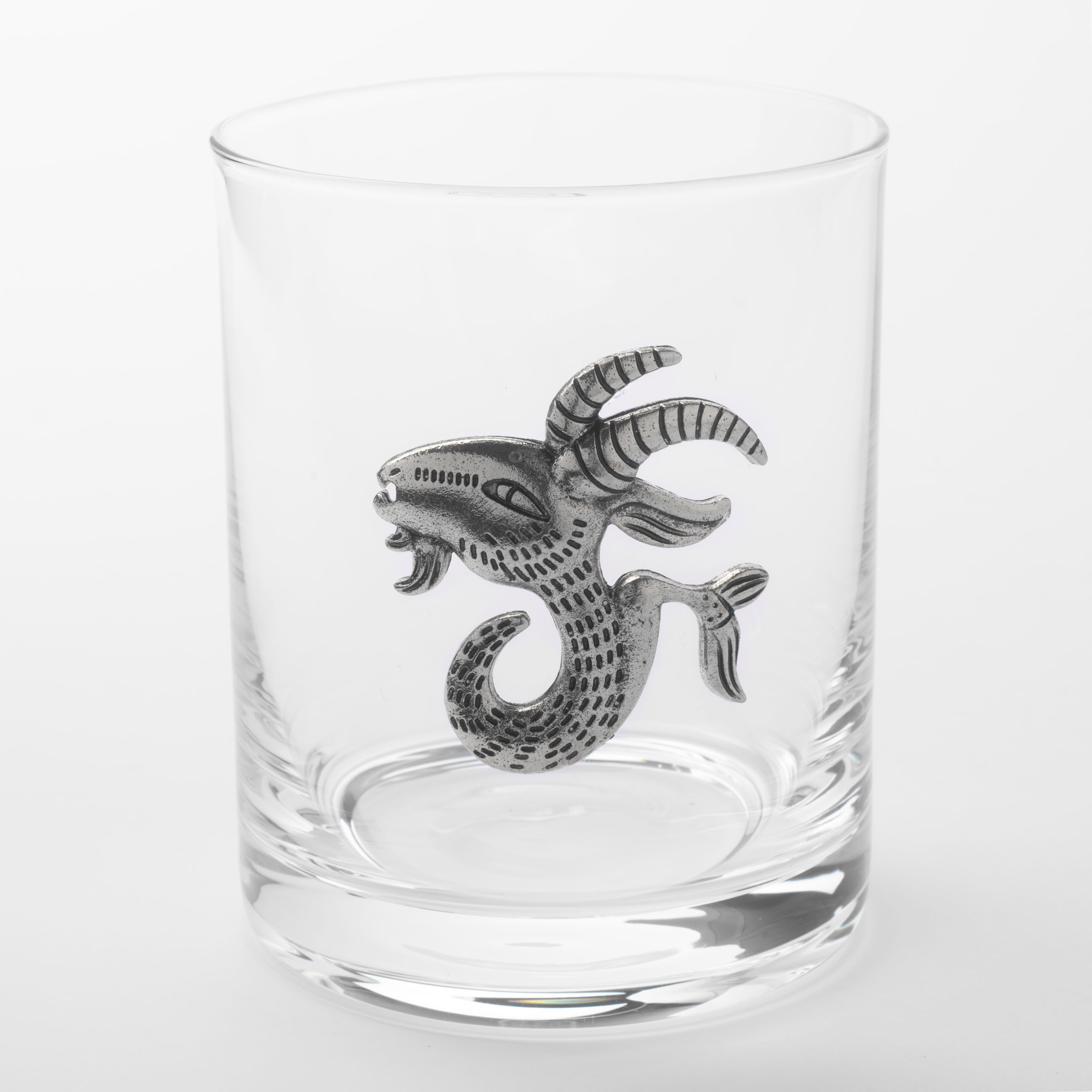 Whiskey glass, 10 cm, 340 ml, glass / metal, silver, Capricorn, Zodiac, image-0