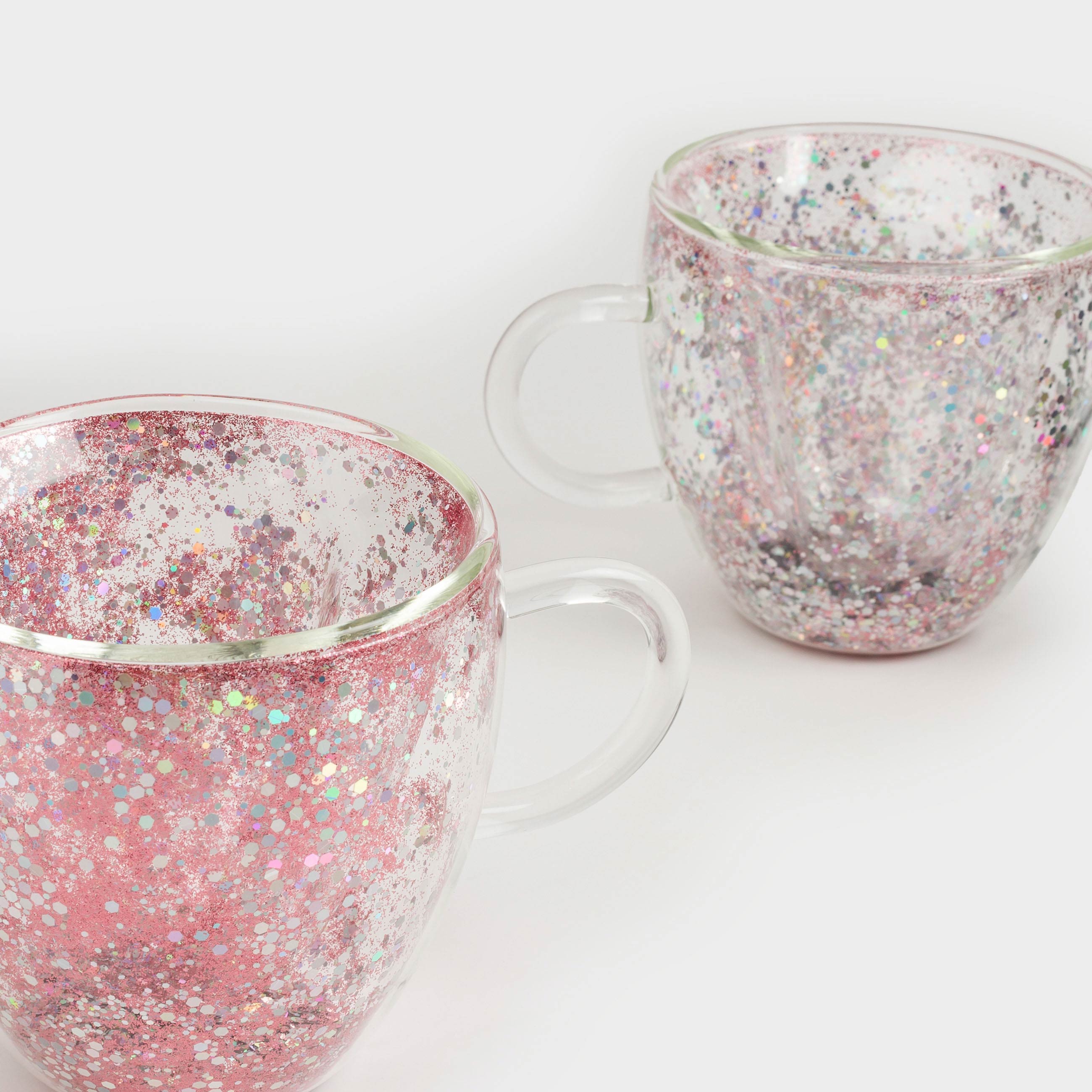 Mug, 250 ml, 2 pcs, glass B, with silver-pink sequins, Heart, Air sparkly, image-4