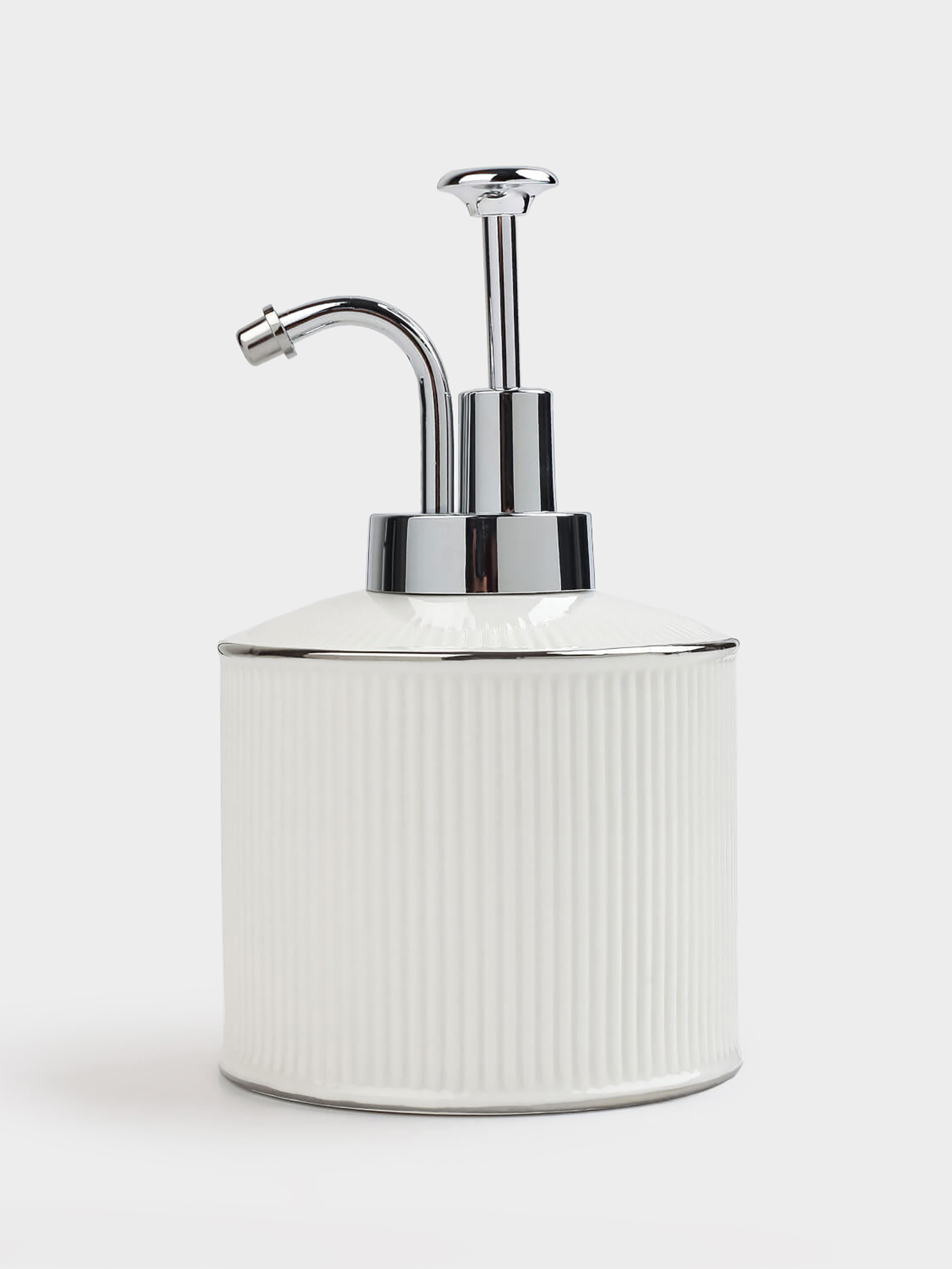 Liquid soap dispenser, 370 ml, ceramic / plastic, white, with silver edging, Kaliopa