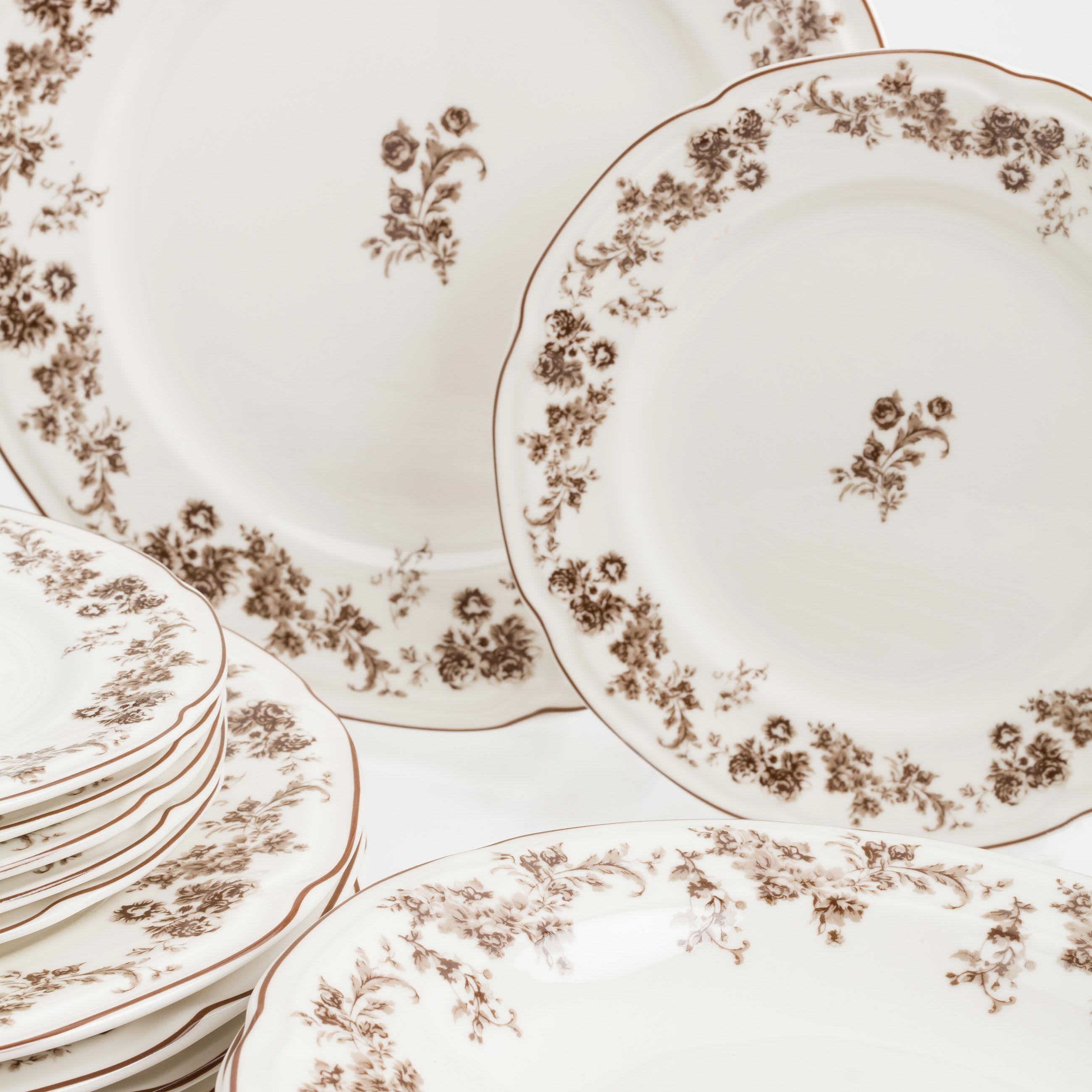 Dining set, 6 persons, 18 items, porcelain N, white, Brown flowers, Rarest flowers, image-4