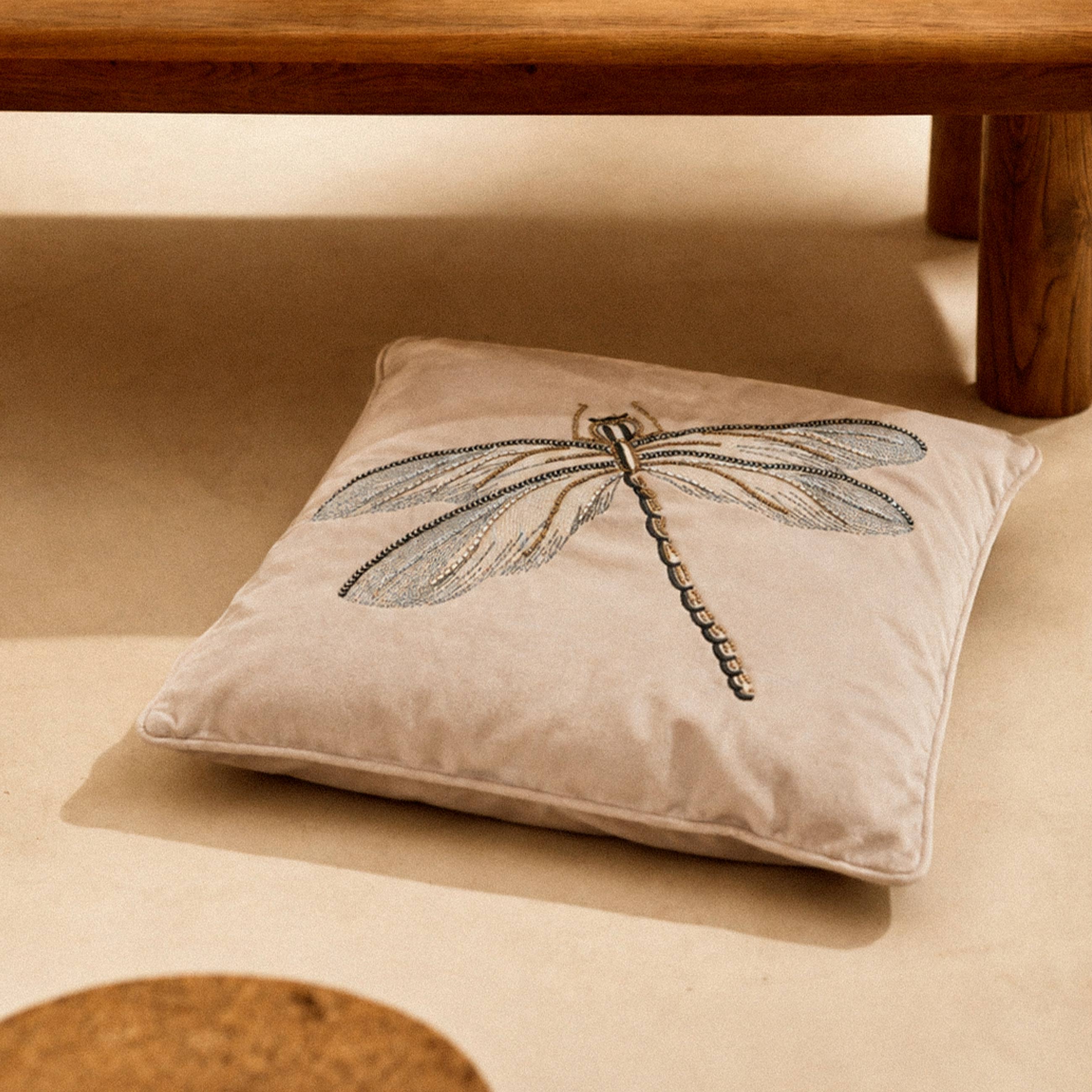 Decorative pillow, 45x45, corduroy / beads, beige, Dragonfly, Dragonfly