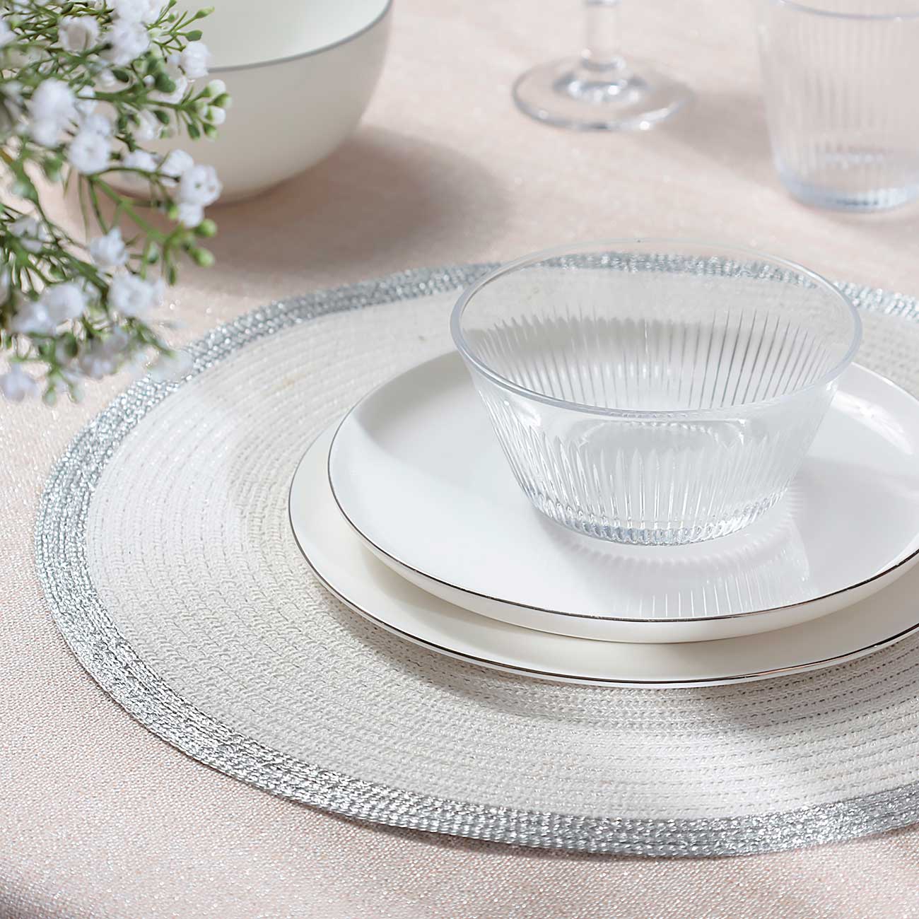 Instrument napkin, 38 cm, polyester, round, white, Silver border, Rotary rim