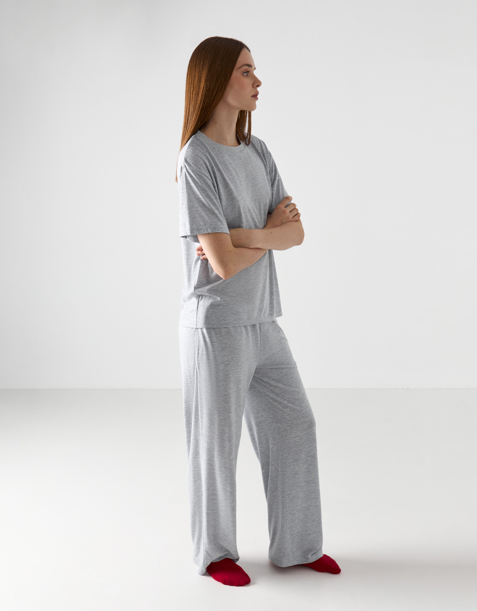 Women's T-shirt, homewear, size L, polyester / viscose / lurex, light gray, Awereona, image-3