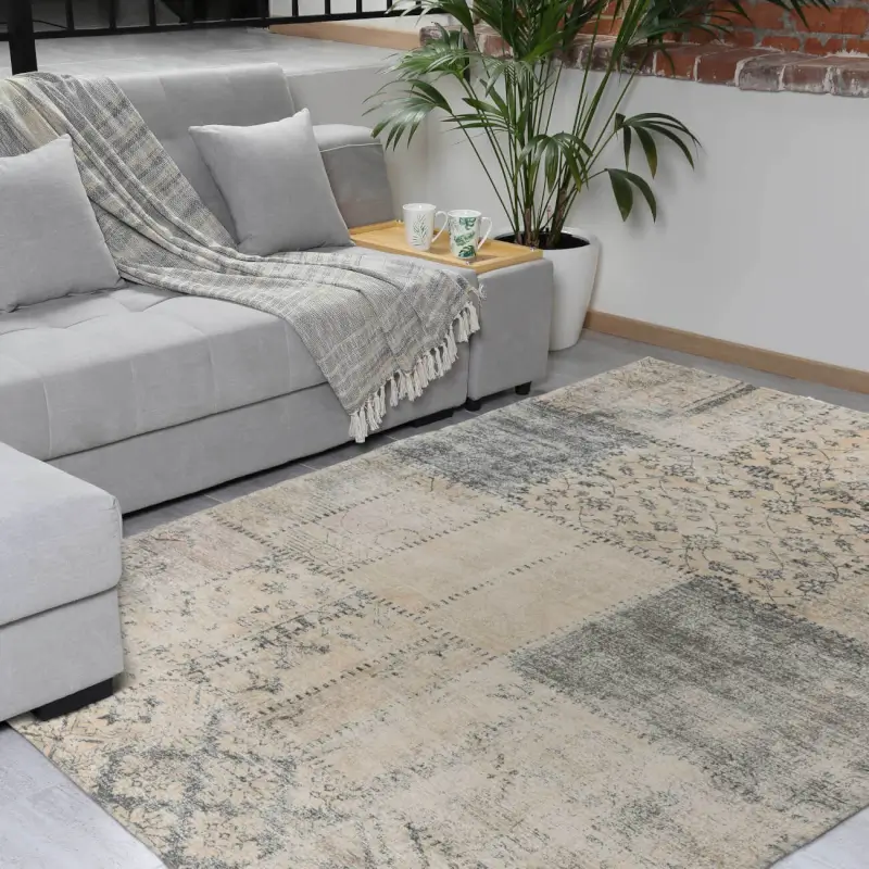 Rug, 150x210 cm, chenille / cotton, beige-brown, Patchwork print, Cave