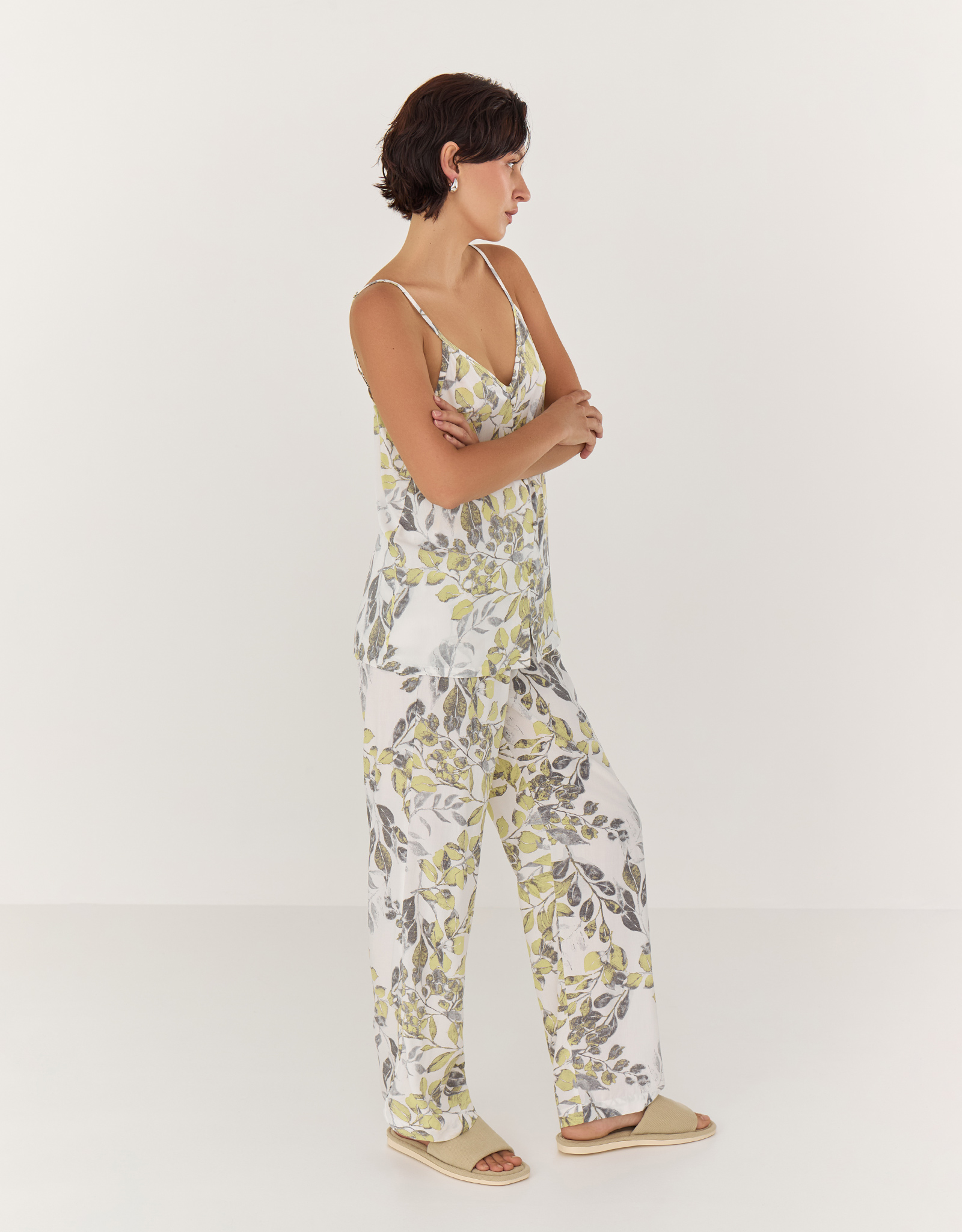 Women's top, homewear, size L, buttons, viscose, white and yellow, Leaves, Leksi, image-3