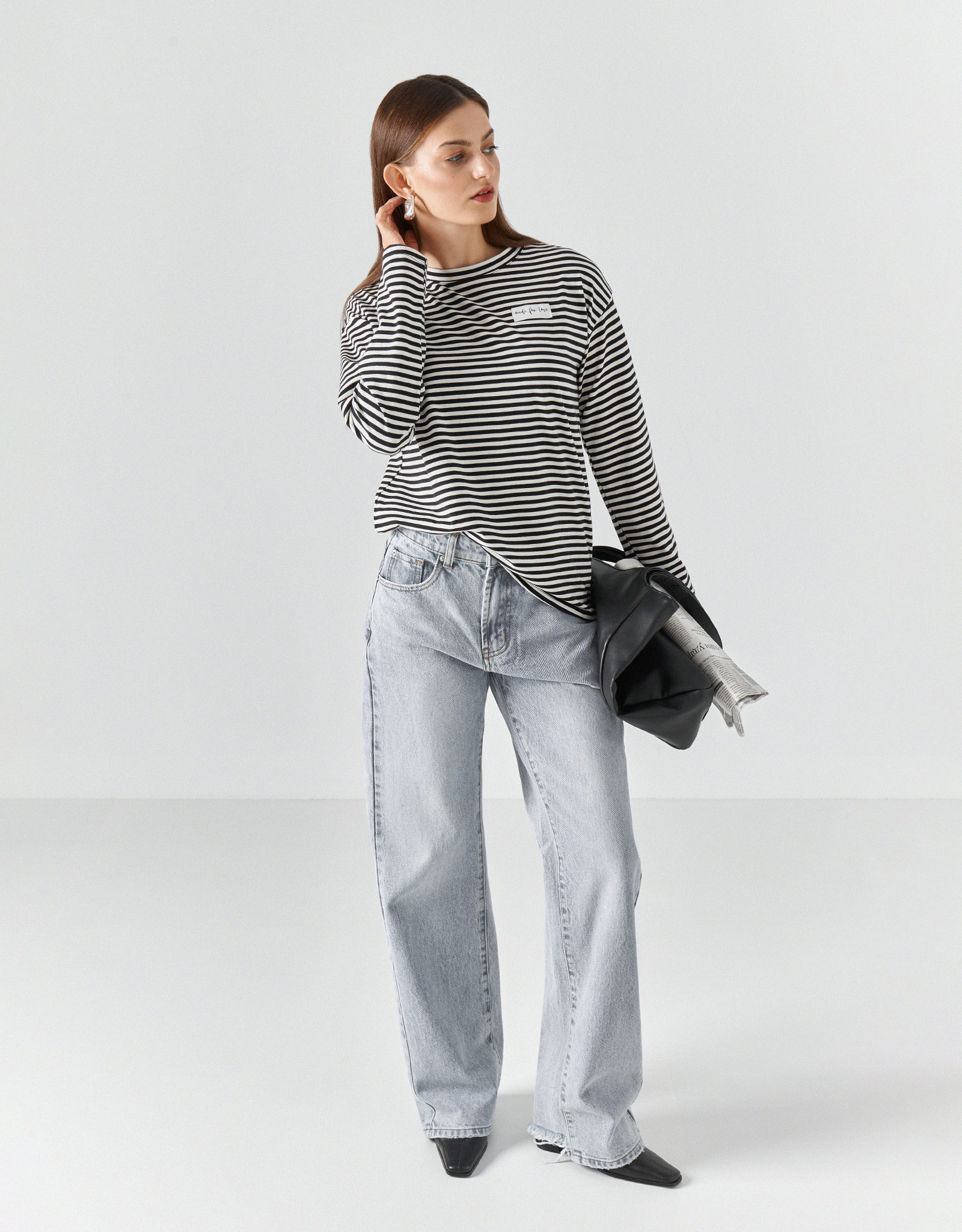 Women's longsleeve, R. S, cotton / elastane, black and white, Stripes, Ninel, image-1