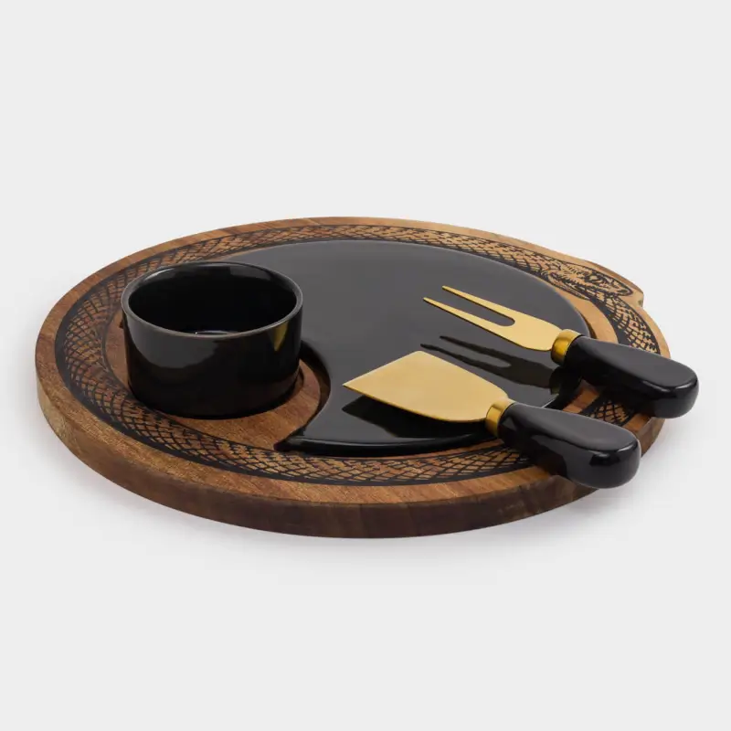 Cheese set, 5 items, dish on stand/bowl, steel / ceramic / wood, Snake, Noble tree