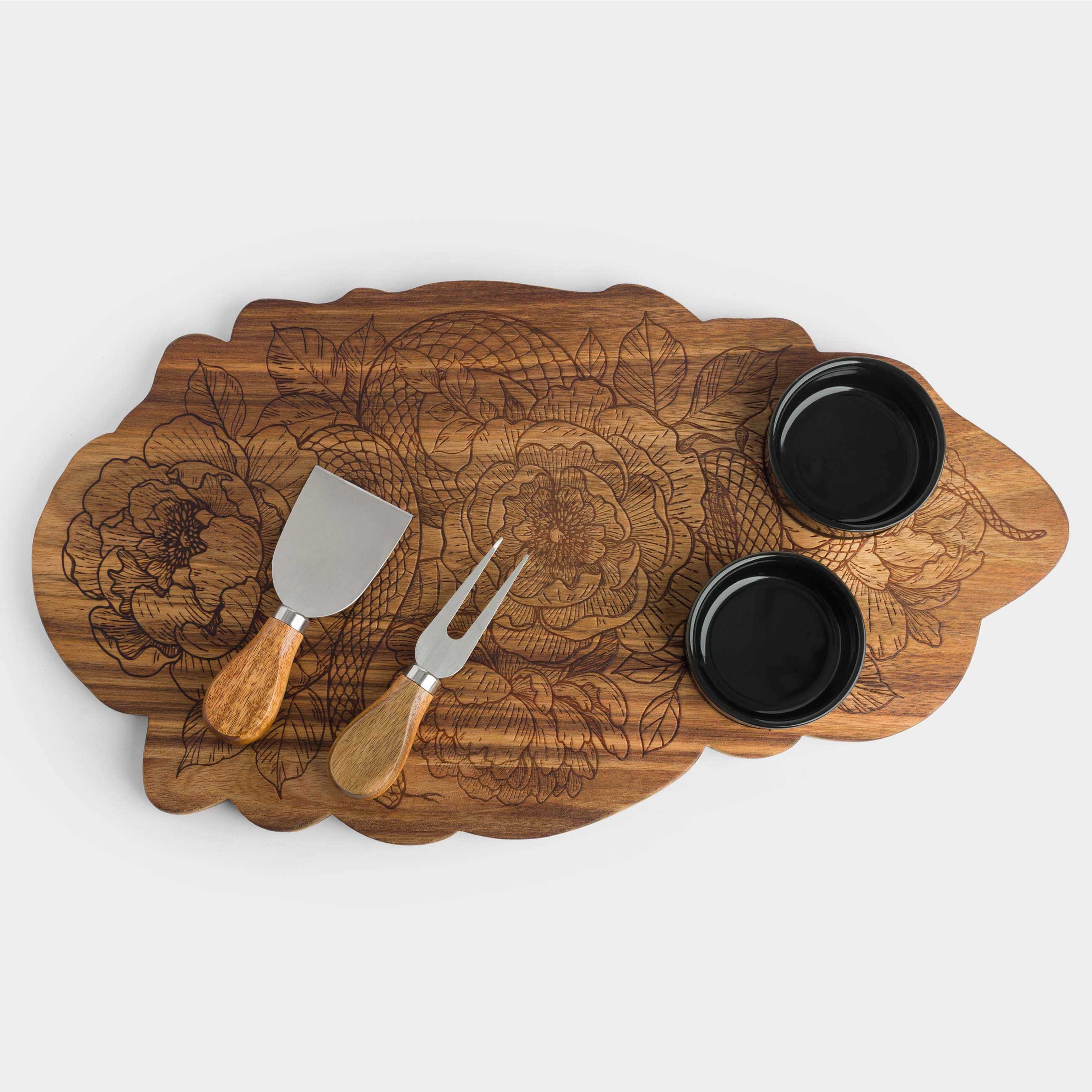 Cheese set, 5 items, dish board/bowl, steel / ceramic / wood, Snake in flowers, Noble tree