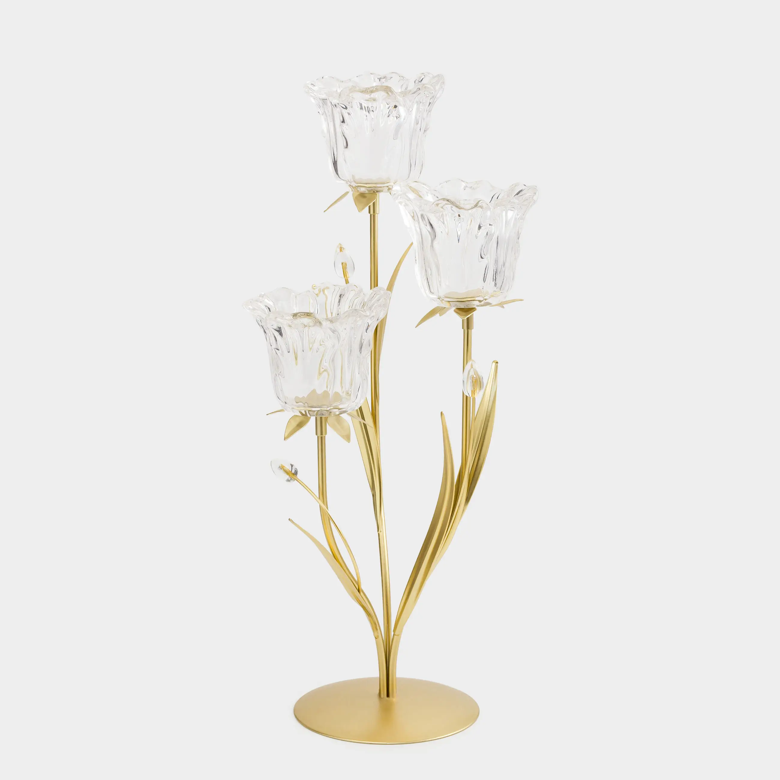 Candlestick, 45 cm, 3 tea candles, glass / metal, golden, Flowers, Fantastic flowers