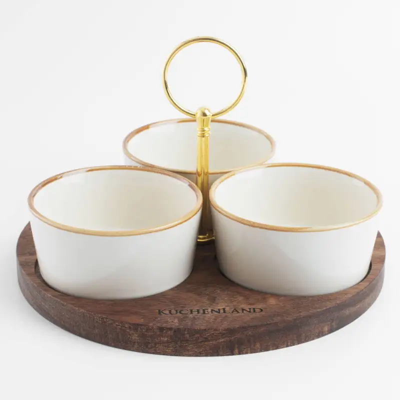 Snack set, 3 items, on a stand, with handle, ceramic / wood, milky, Noble tree 