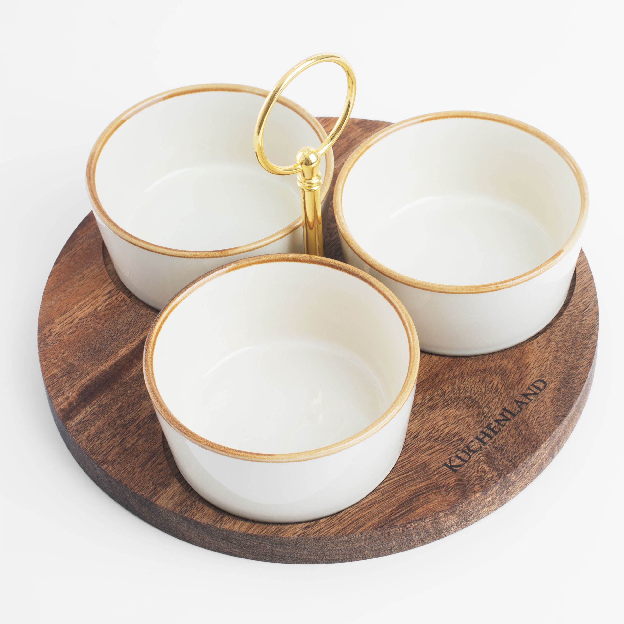 Snack set, 3 items, on a stand, with handle, ceramic / wood, milky, Noble tree 