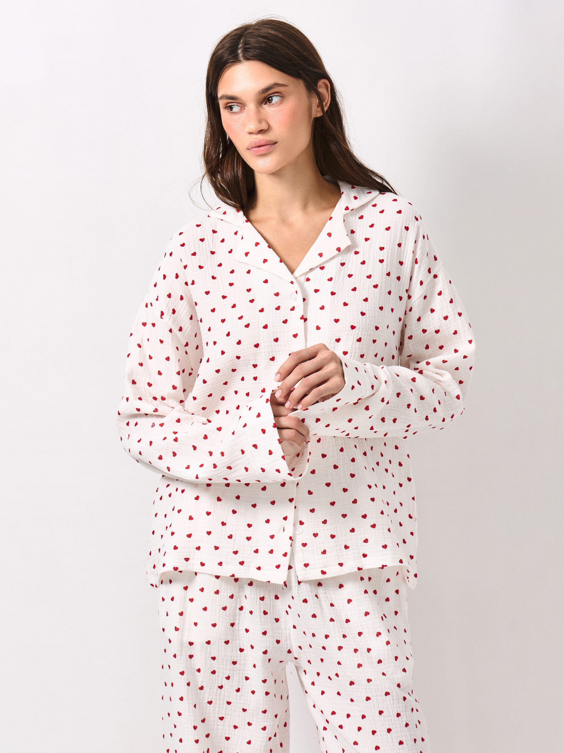 Women's shirt, homewear, size S, with long sleeves, muslin, milky, Flowers, Ateira, image-1