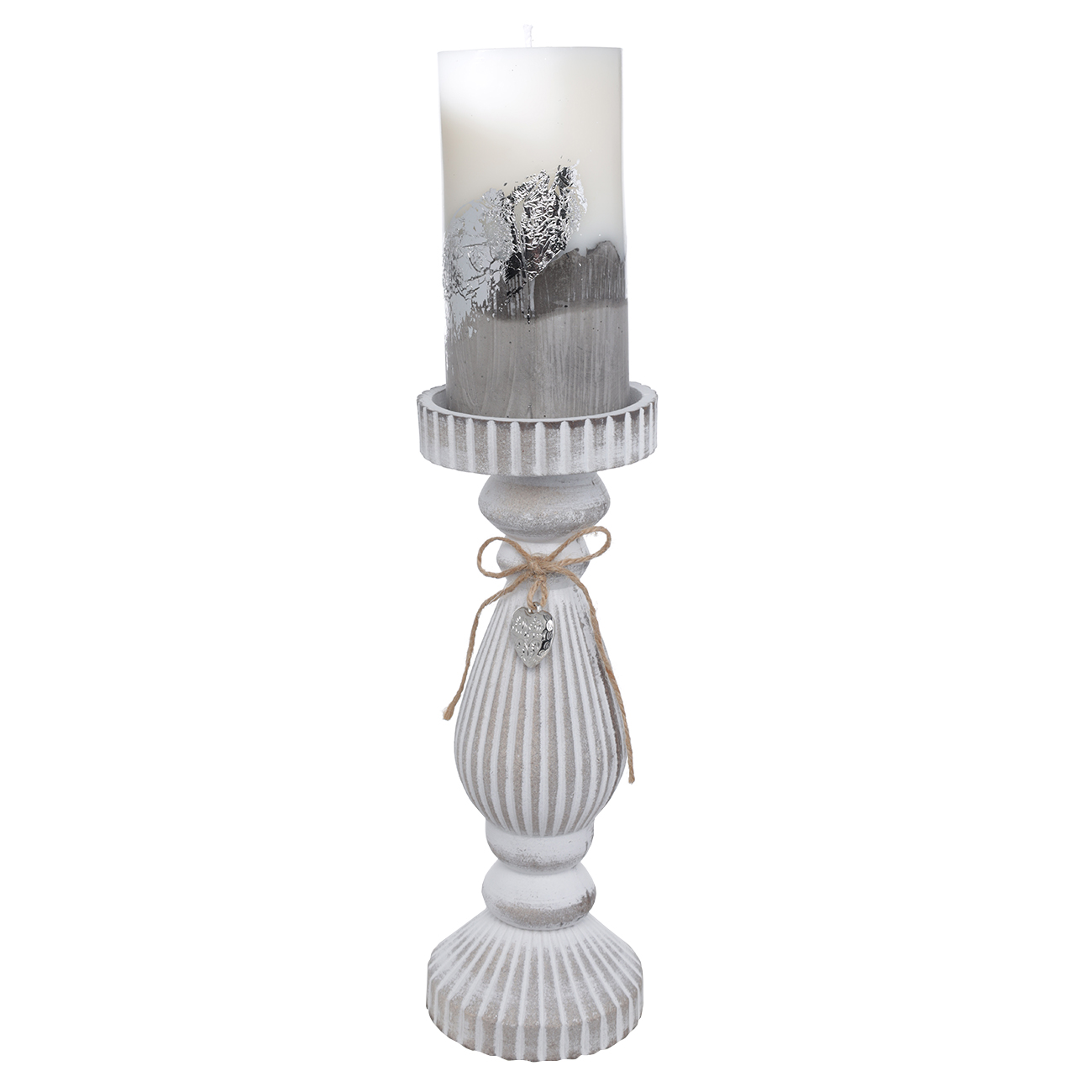 Candle holder, 26 cm, on a leg, wood, white, Ethno