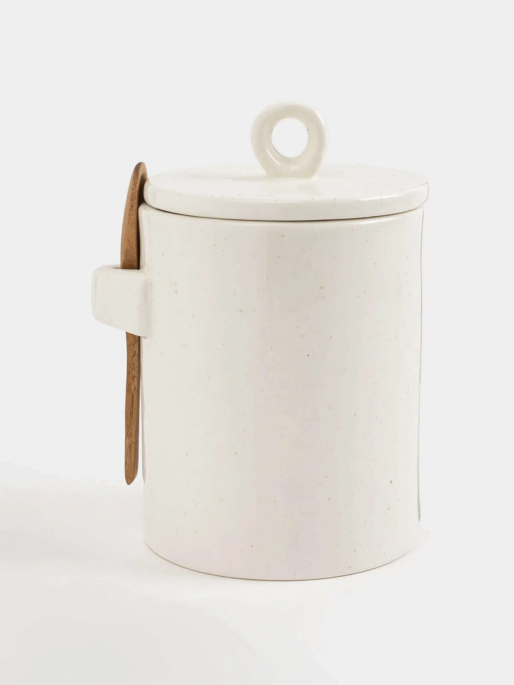Storage container, 16 cm, 750 ml, with spoon, ceramic / wood, milky, speckled, Delicia, image-0