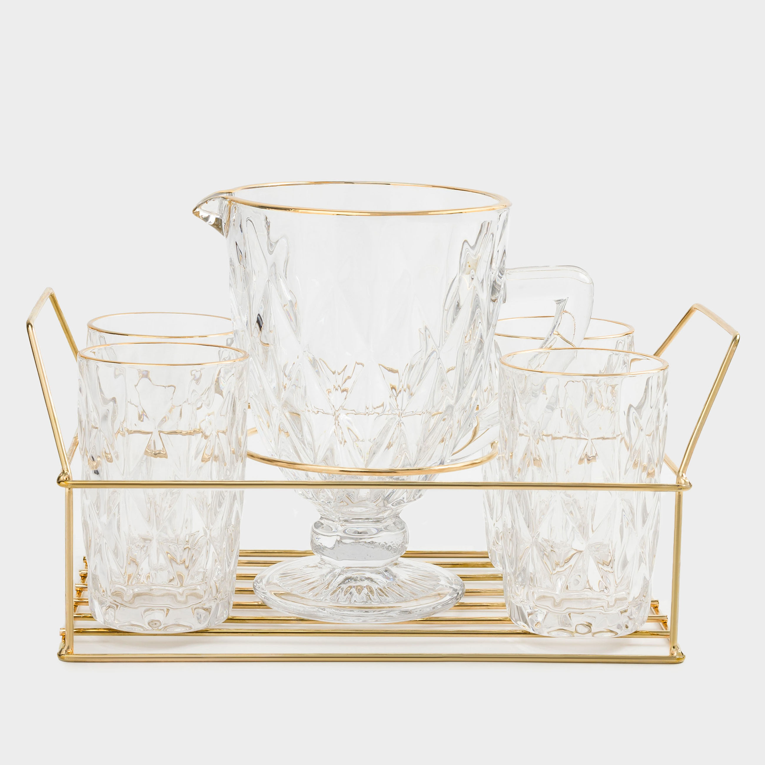 Set for drinks, 4 persons, 5 items, on a stand, glass R / metal, golden, Rhomb gold, image-0