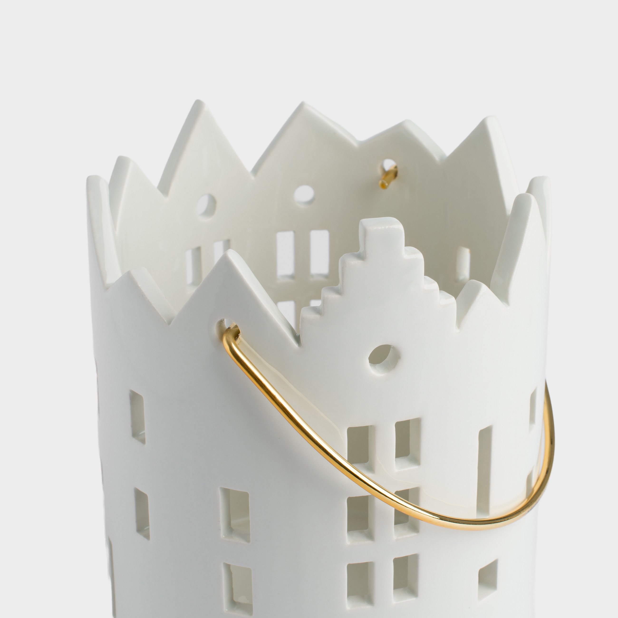 Candle holder, 15 cm, for tea candle, with handle, ceramic / metal, milky, House, Snow sparks