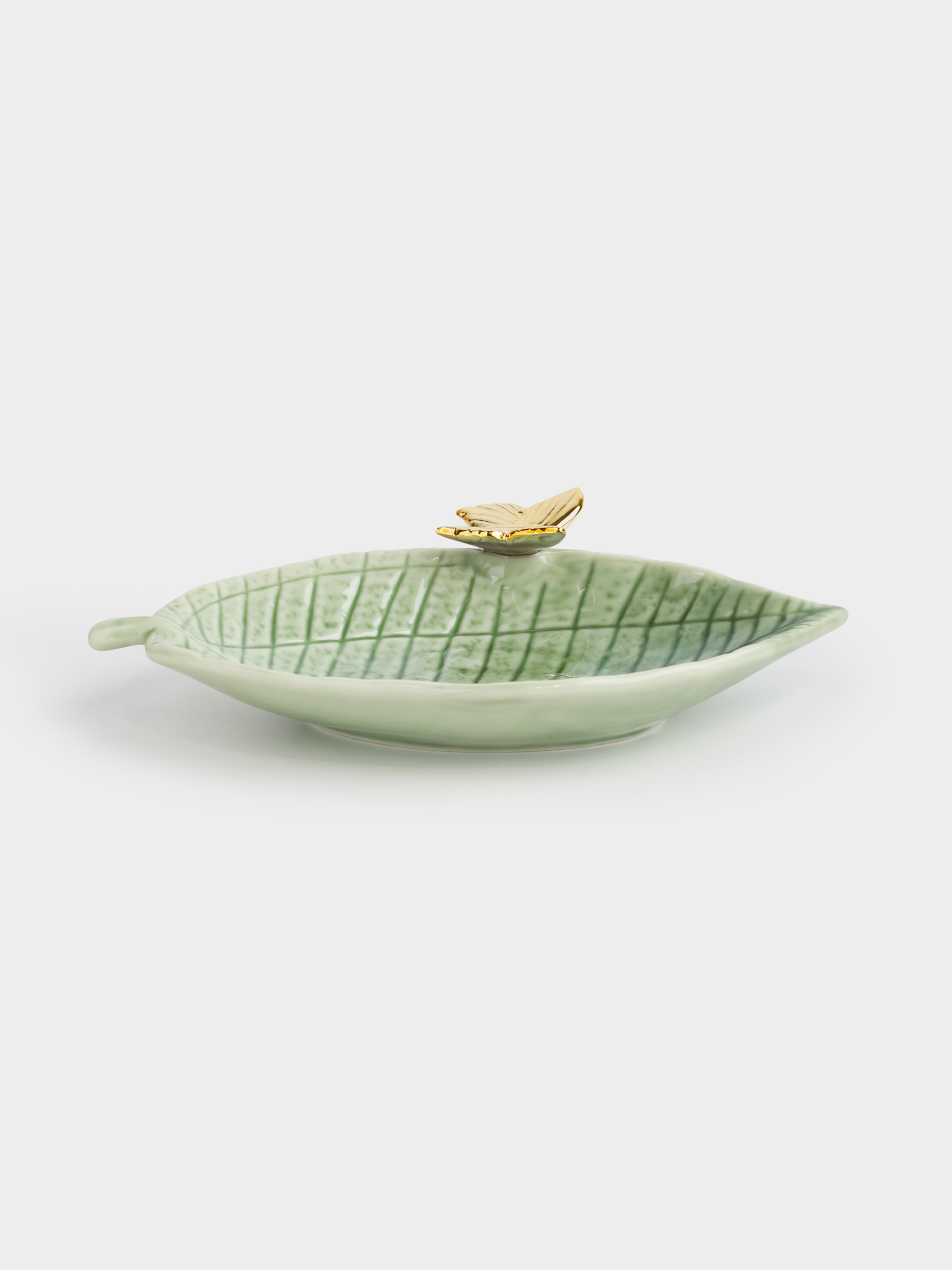 Decorative dish, 20x12 cm, porcelain P, green-gold, Leaf with butterfly, Grand garden, image-2