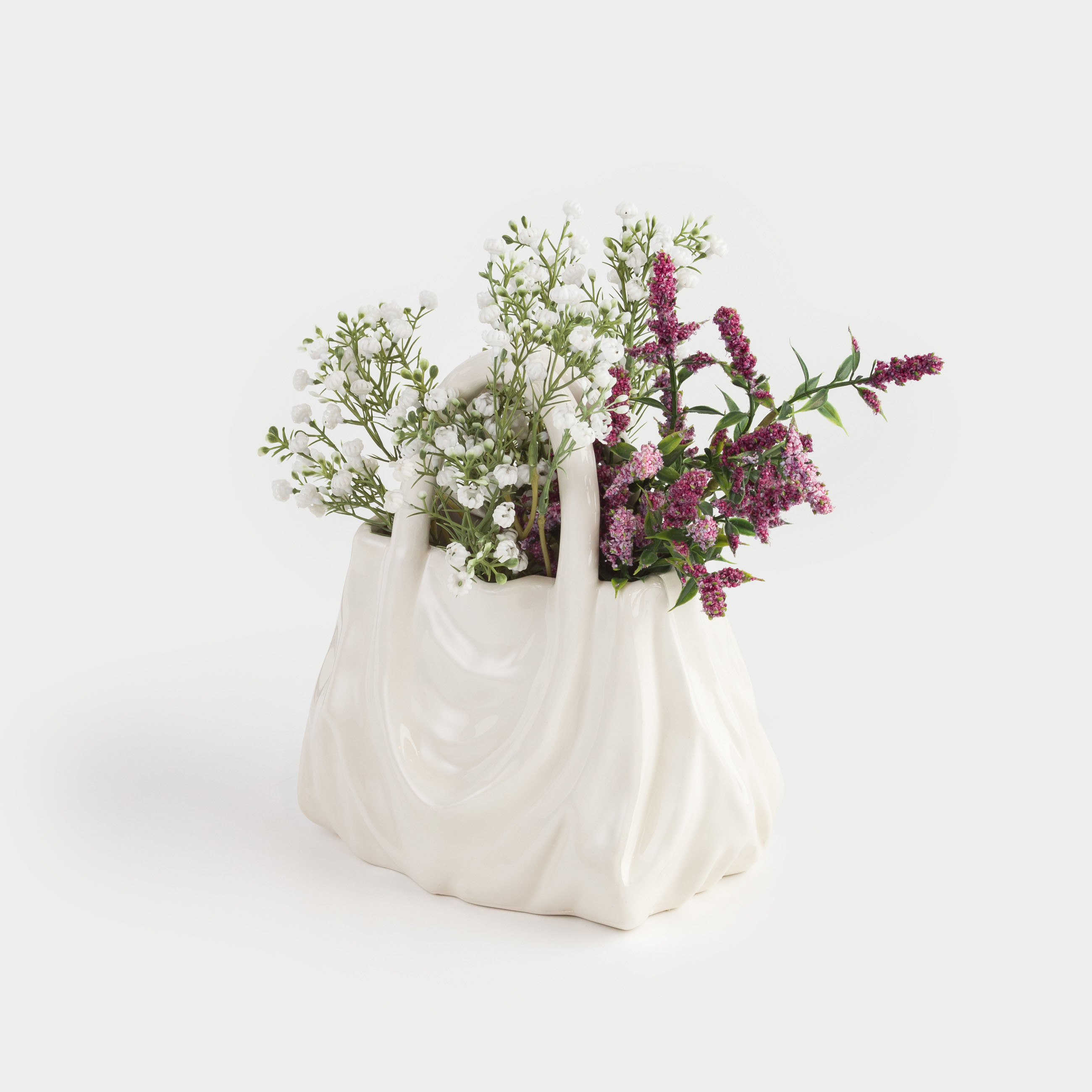 Flower vase, 20x22 cm, decorative, ceramic, milky, Crumpled effect, Bag, Crumple
