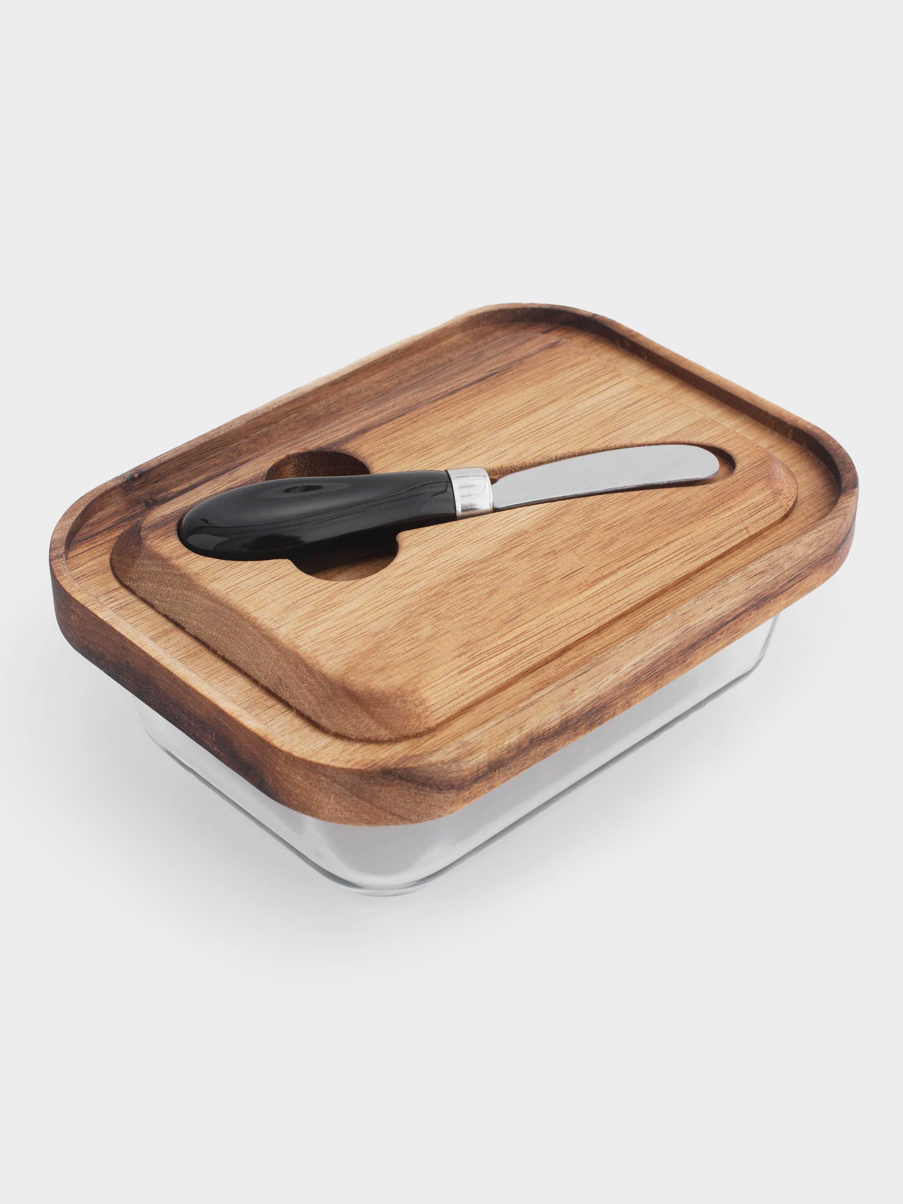 Butter dish, 18 cm, with knife, wood/glass / steel, rectangular, Noble tree, image-3