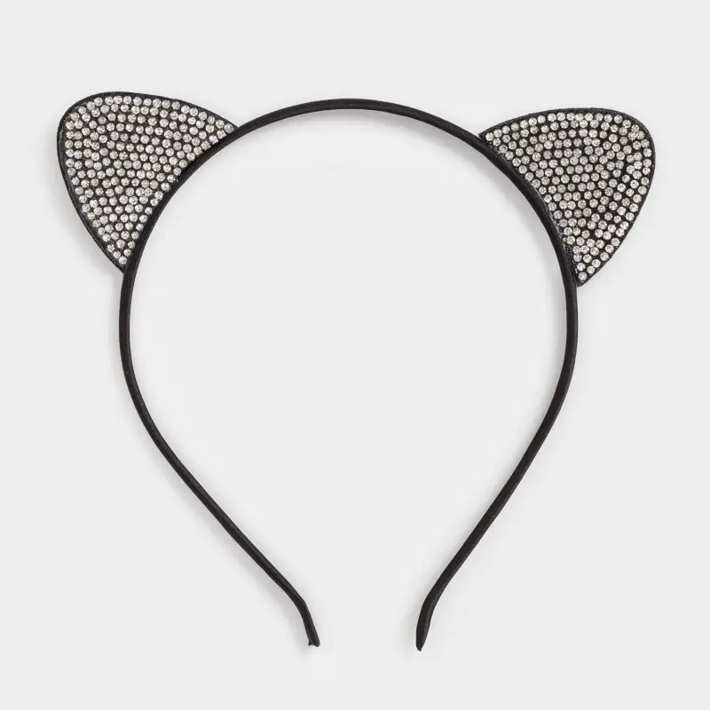 Carnival band, 12x14 cm, Polyester / metal / Rhinestones, Black, Cat ears, Cat ,image-0