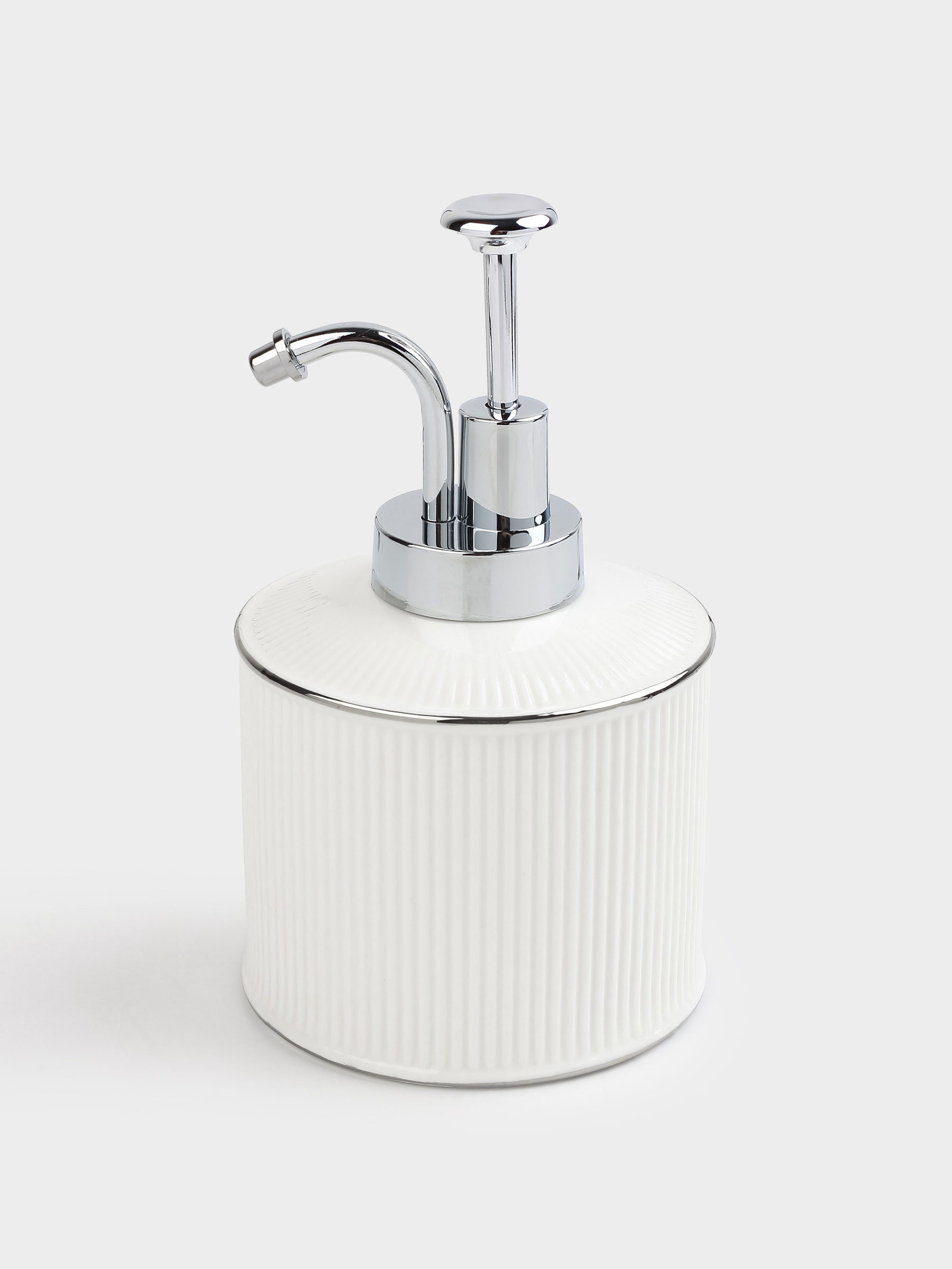 Liquid soap dispenser, 370 ml, ceramic / plastic, white, with silver edging, Kaliopa