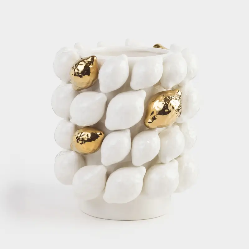 Flower vase, 21 cm, decorative, ceramic, milky gold, Lemons, Sicily ,image-0