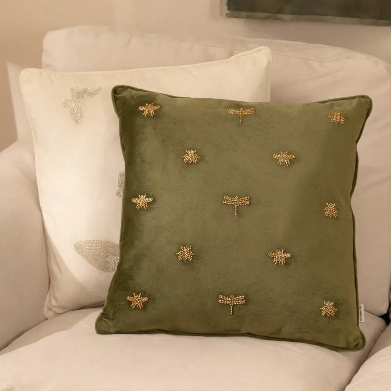 Decorative pillow, 45x45 cm, velvet/beads, milky, Dragonflies and beetles, Bugs ,image-0