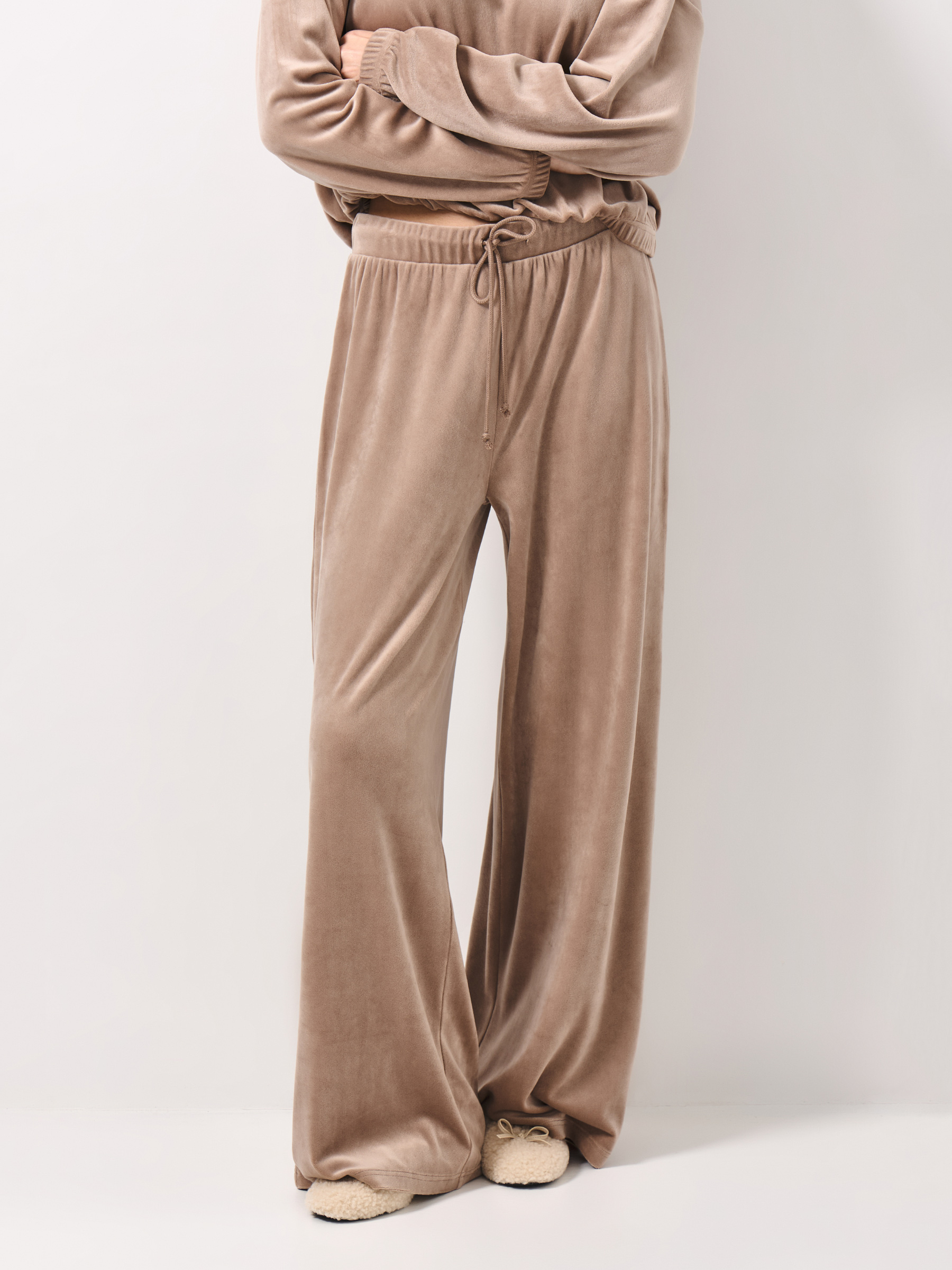 Women's trousers, homewear, size S, wide, velour, sand, Lillian, image-1