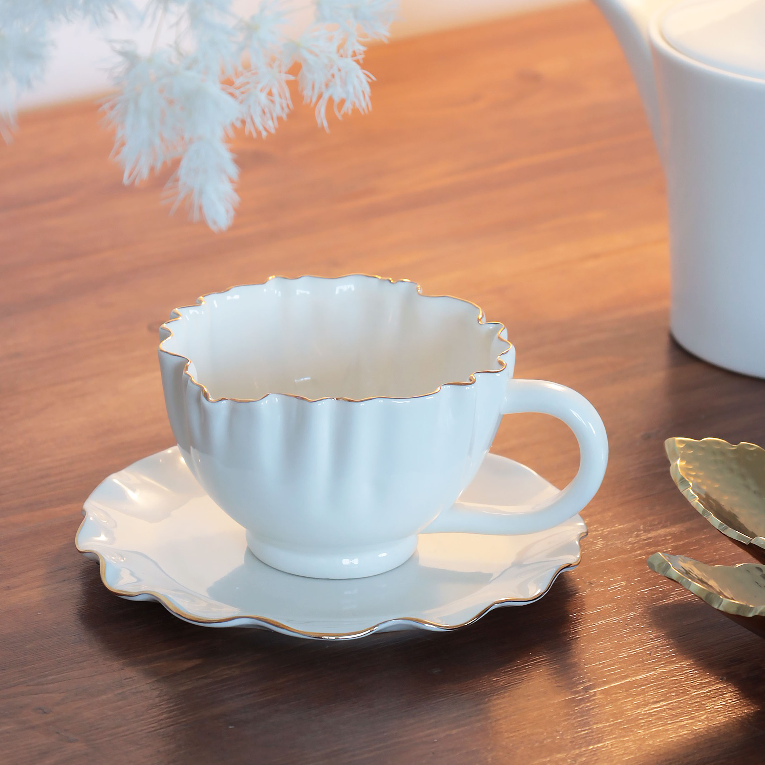 Tea pair, 1 person, 2 items, 350 ml, porcelain P, with golden edging, Crumpled effect, Crumple gold, image-7