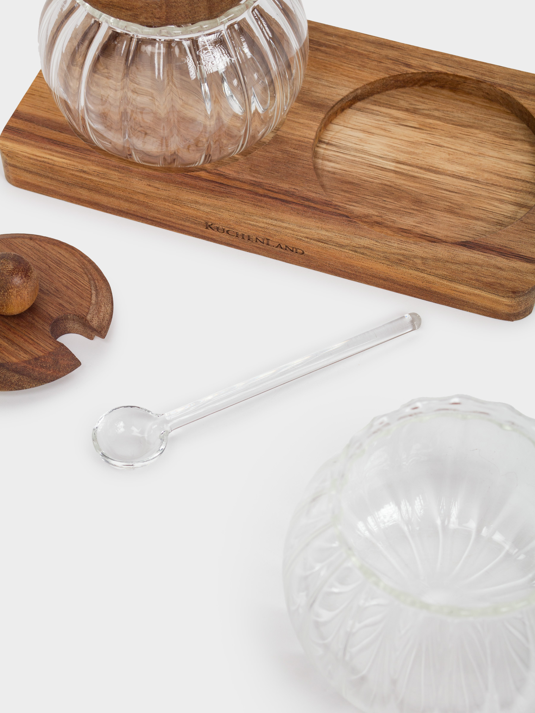 Jam bowl, 300 ml, 2 pcs, with spoon, on stand, glass / wood, Noble tree, image-4