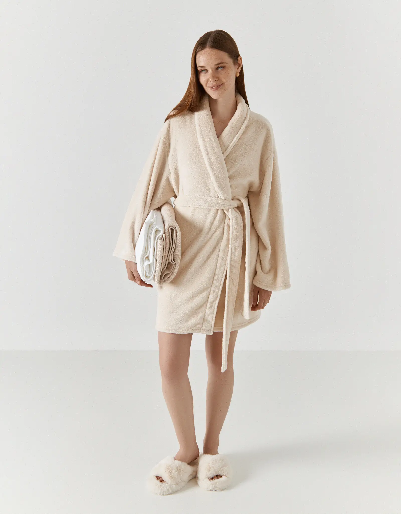 Bathrobe for women, homewear, size L / XL, with long sleeves, fleece, milk, Letisha