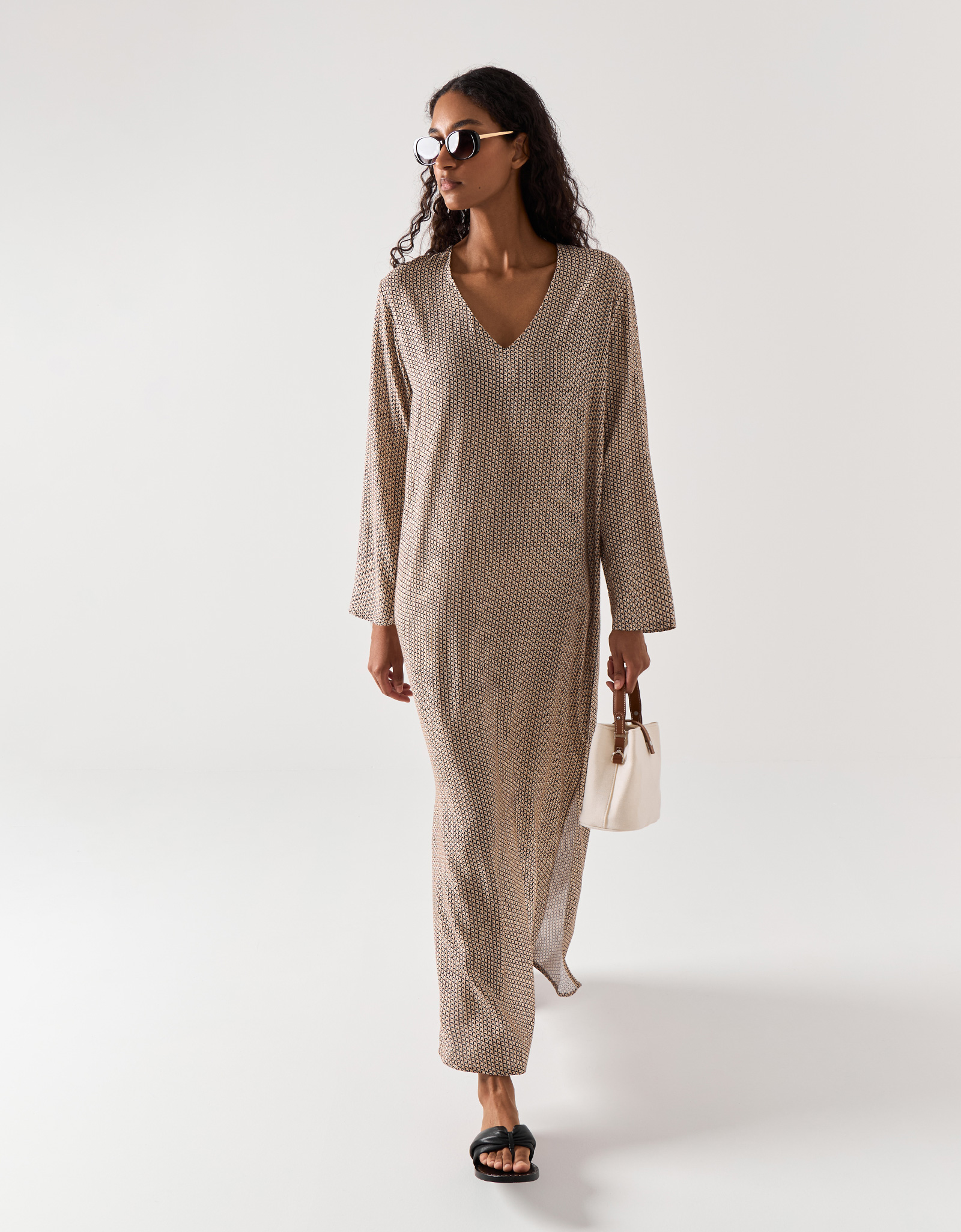 Women's dress, maxi, size L, with long sleeves, viscose, beige, Geometric Pattern, Emri, image-8
