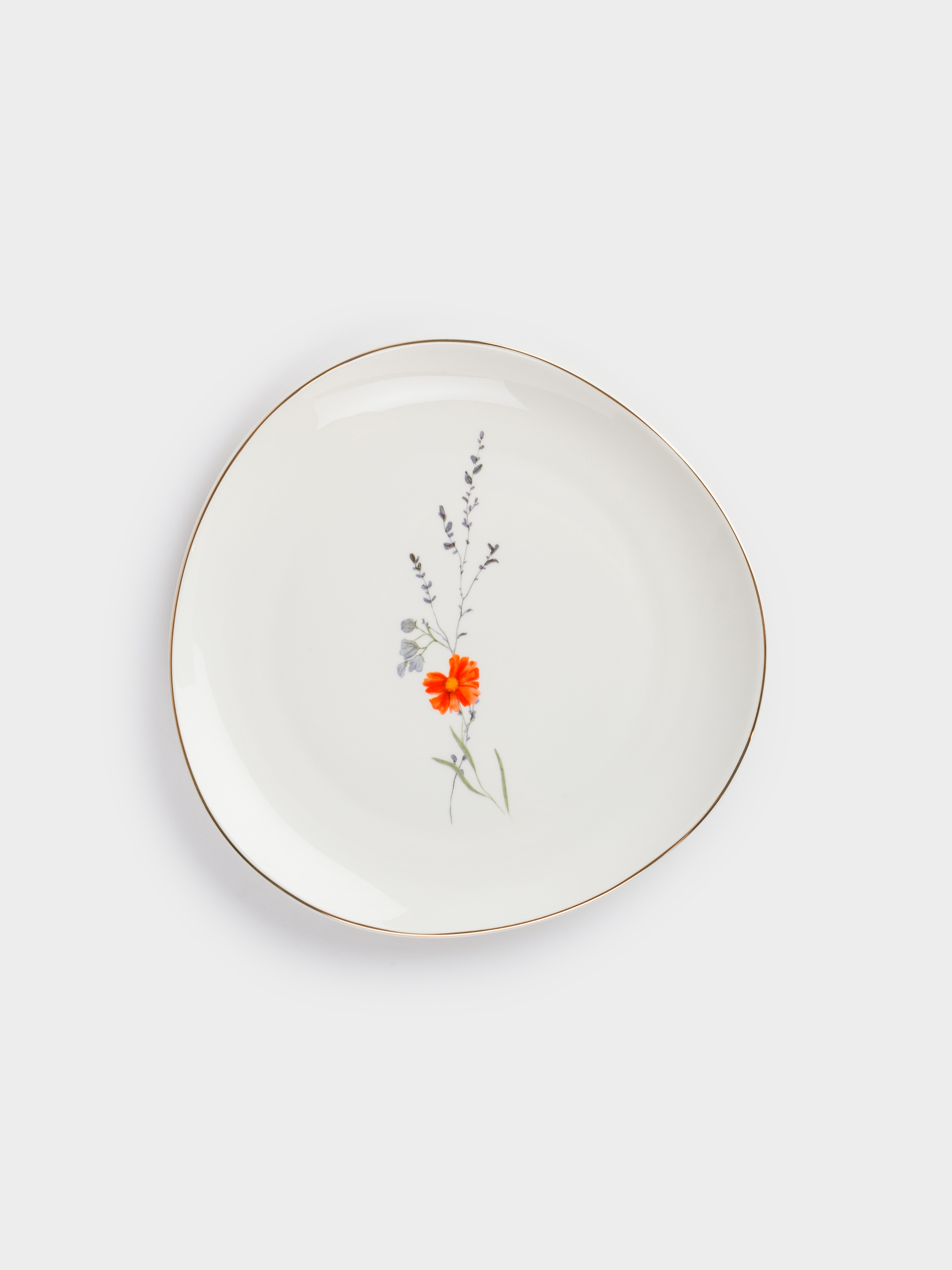 Snack plate, 21 cm, porcelain N, white, with golden edging, wildflowers, Yarrow, image-0