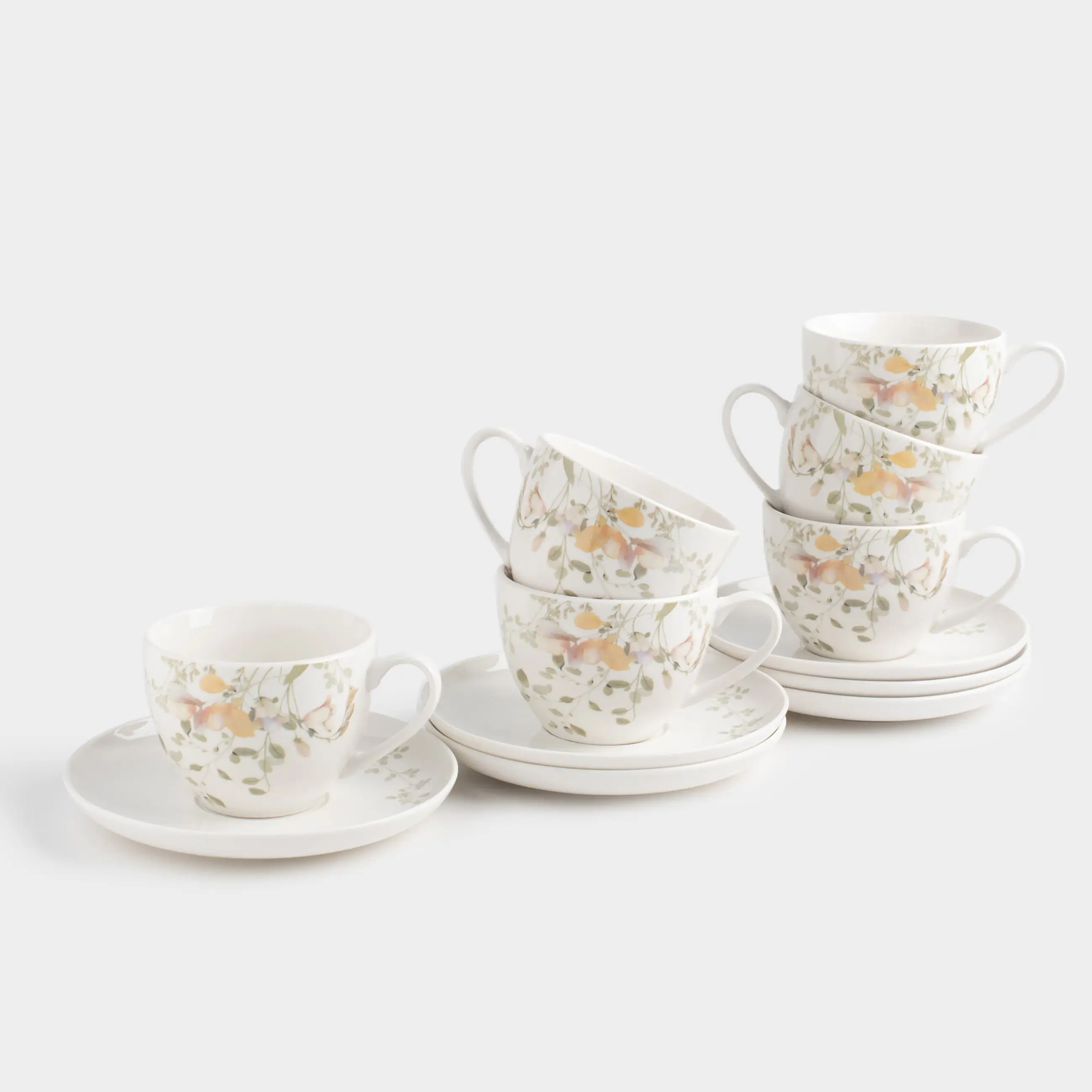 Tea pair, 6 person, 12 items, 220 ml, porcelain N, white, Flowers and leaves, Floreale