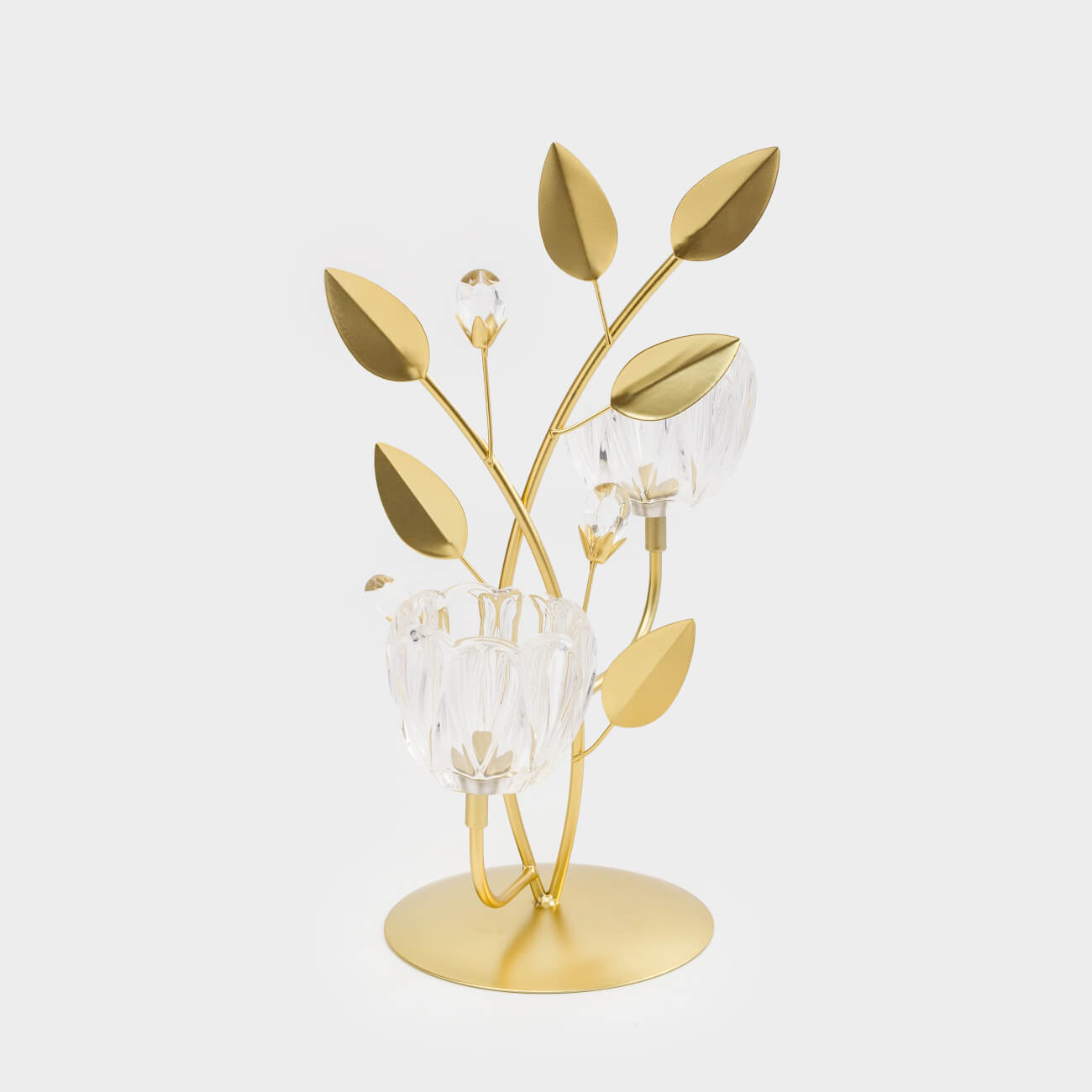Candlestick, 29 cm, 2 tea candles, glass / metal, golden, Fantastic flowers