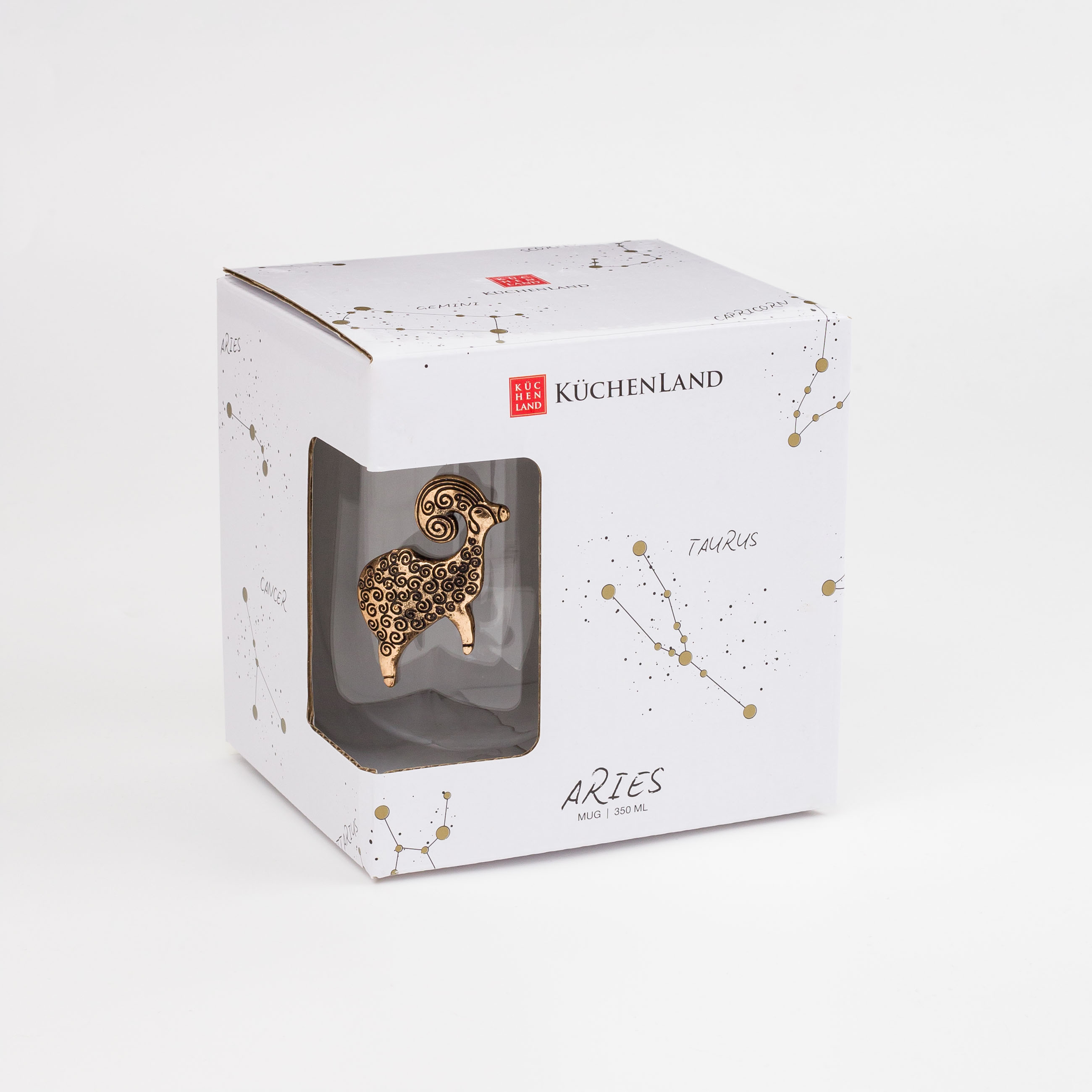 Mug, 350 ml, glass B / metal, golden, Aries, Air zodiac, image-4