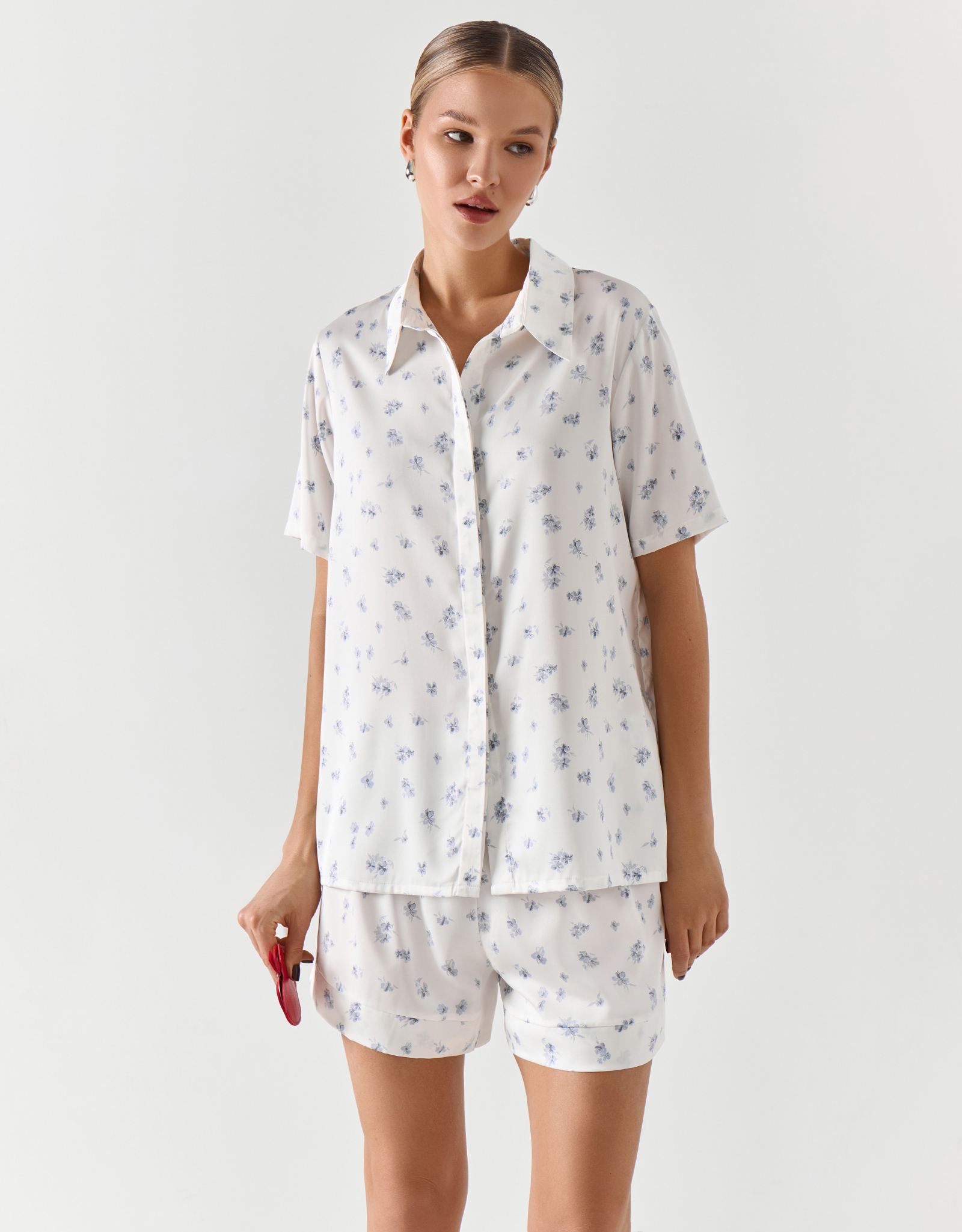 Women's shirt, homewear, size S, with short sleeves, polyester, blue and white, Flowers, Tesia, image-0