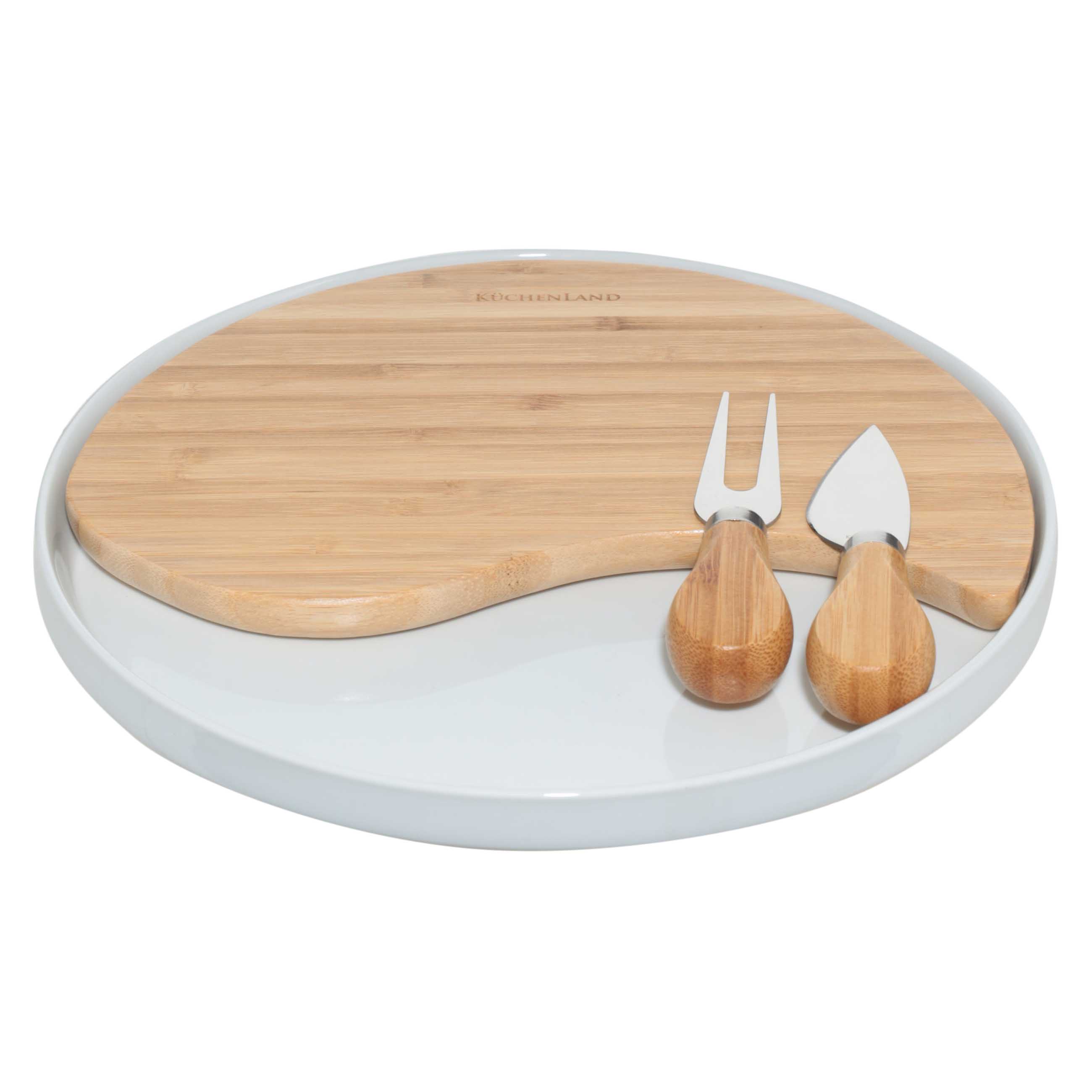 Cheese set, 4 items, dish-board on stand, ceramic / Bamboo, Circle, Cheese, image-1