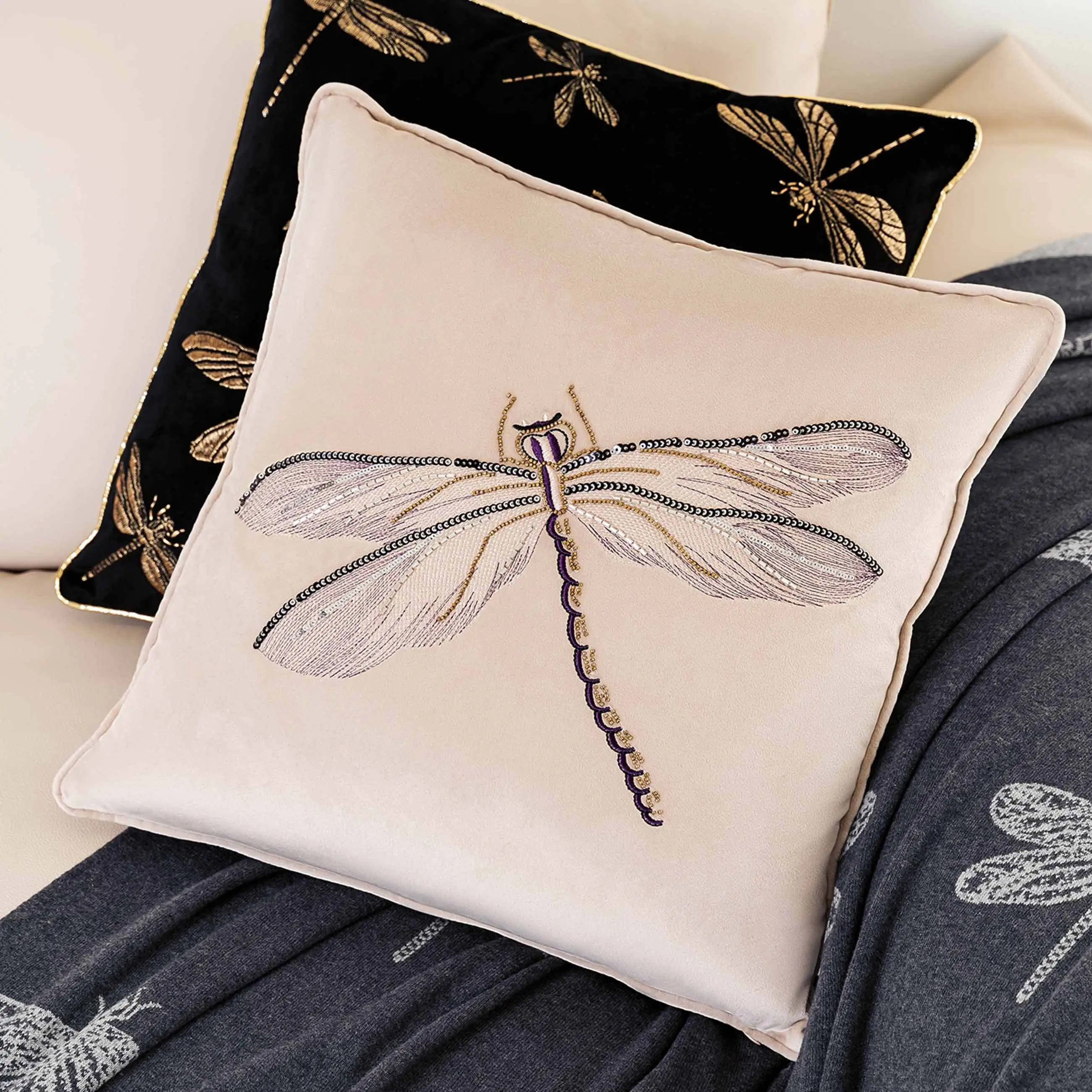 Decorative pillow, 45x45, corduroy / beads, beige, Dragonfly, Dragonfly