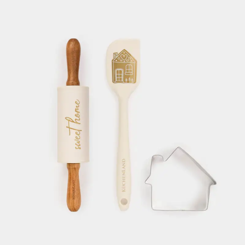 Baking set, 3 items, rolling pin/spatula / stamp/mold, silicone/wood, House, Bakery, image-0