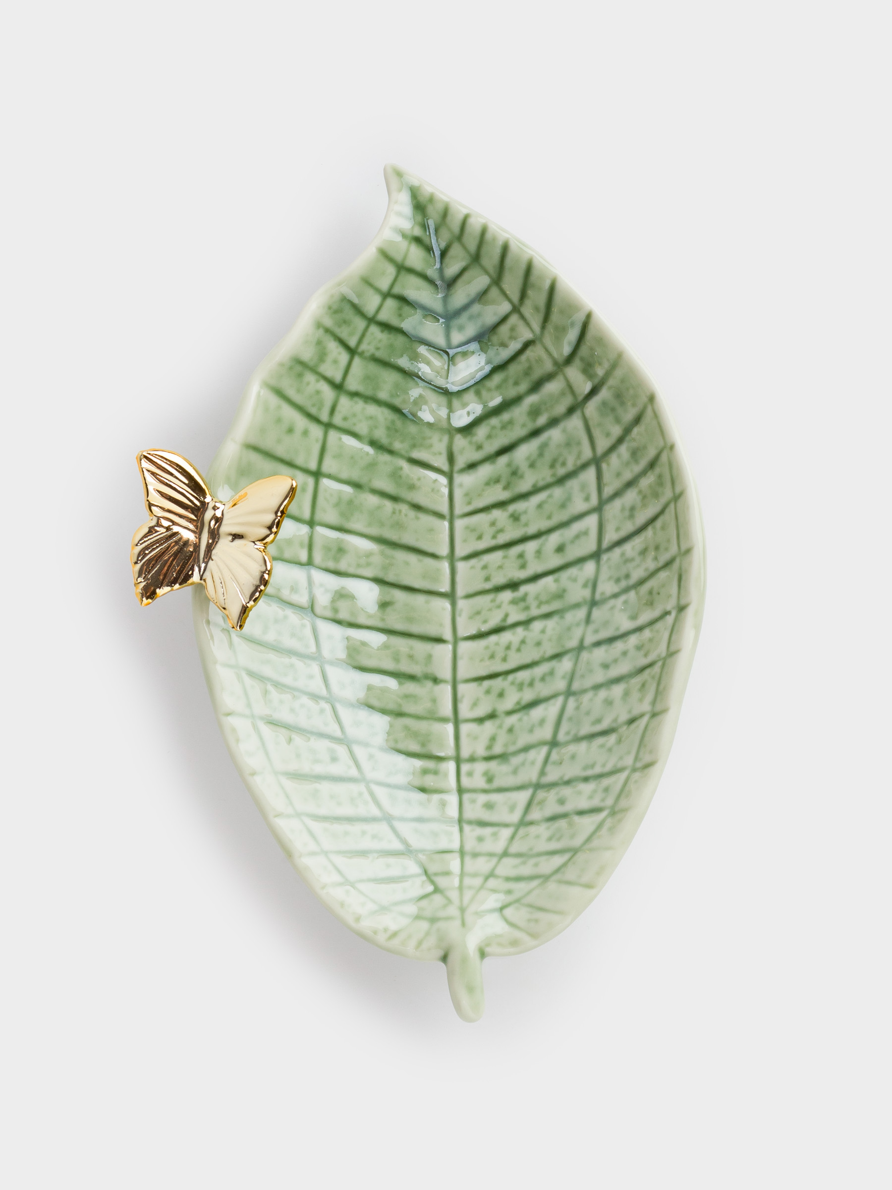 Decorative dish, 20x12 cm, porcelain P, green-gold, Leaf with butterfly, Grand garden, image-4