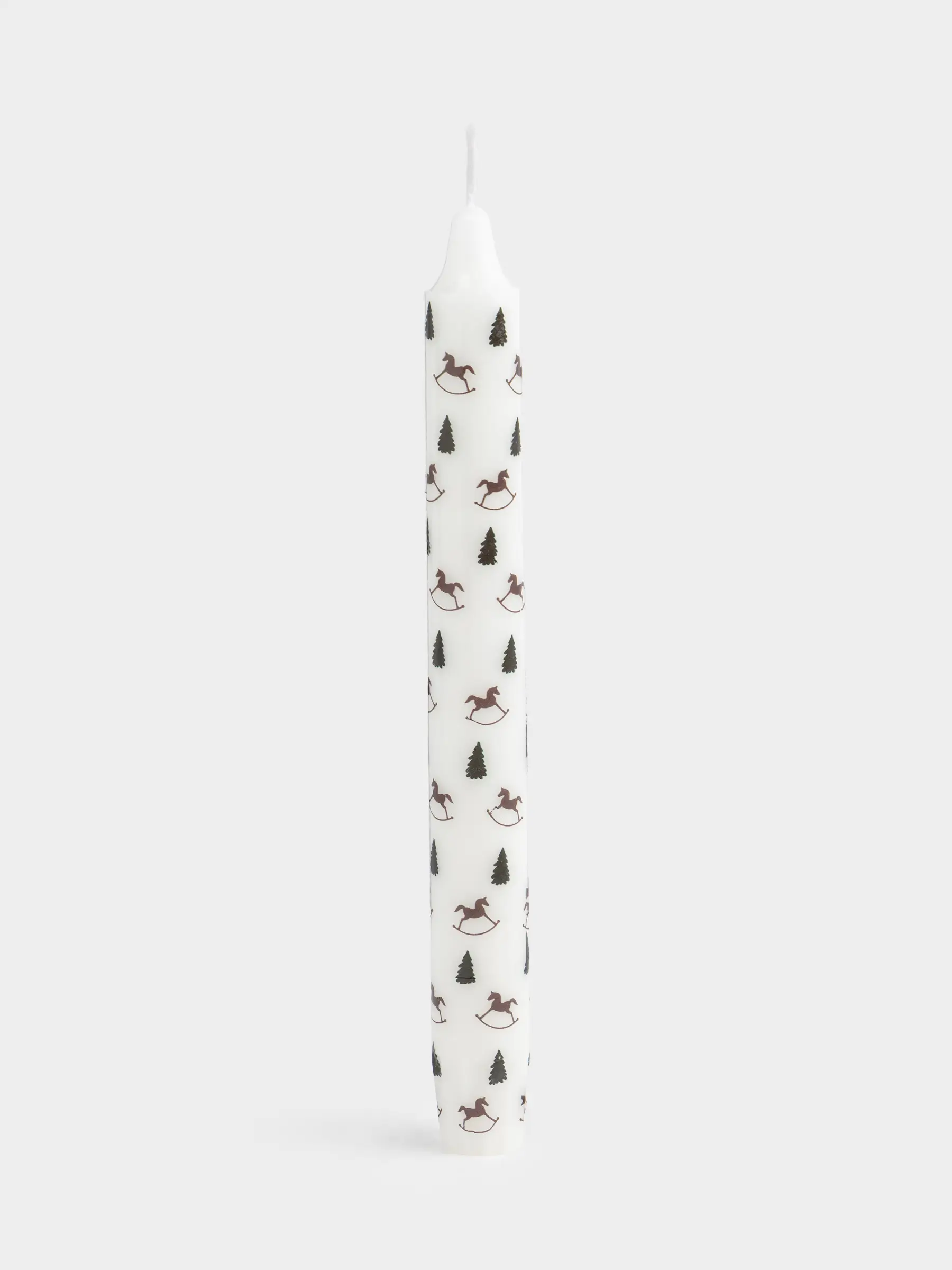 Candle, 20 cm, thin, white, Horses and Christmas trees, Print candle, image-0